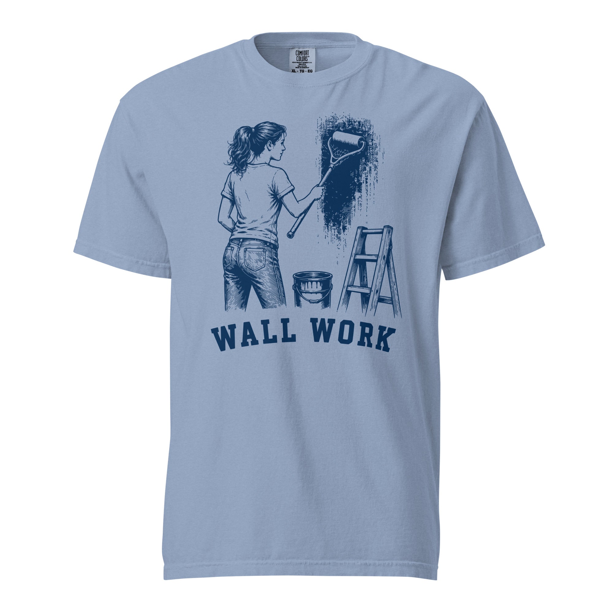 Lacrosse shirt with the GO2X Wall Work design, a woman painting a wall with a lacrosse-head paint roller