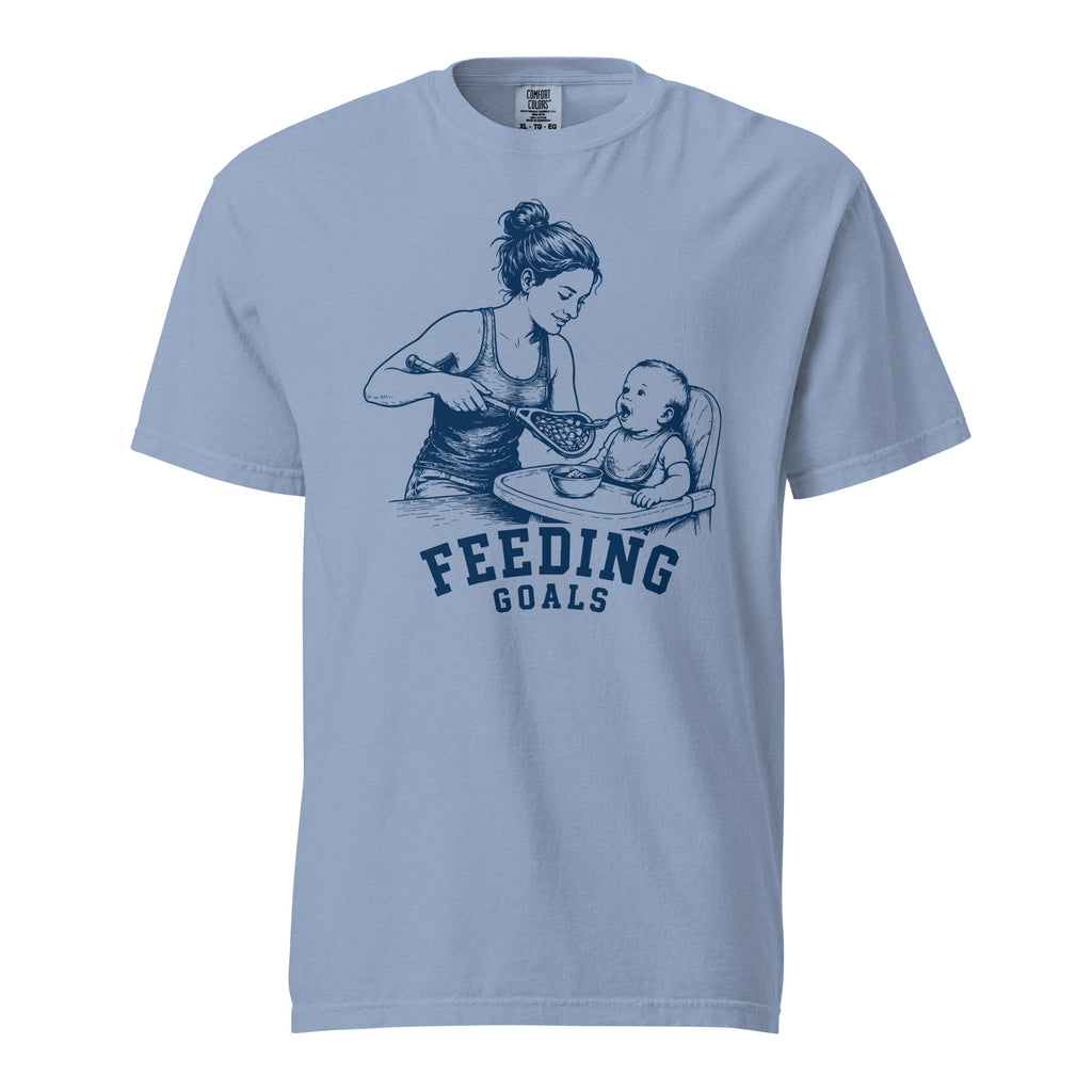 Lacrosse shirt with the GO2X Feeding Goals design, a woman feeding a baby in a high chair with a lacrosse stick