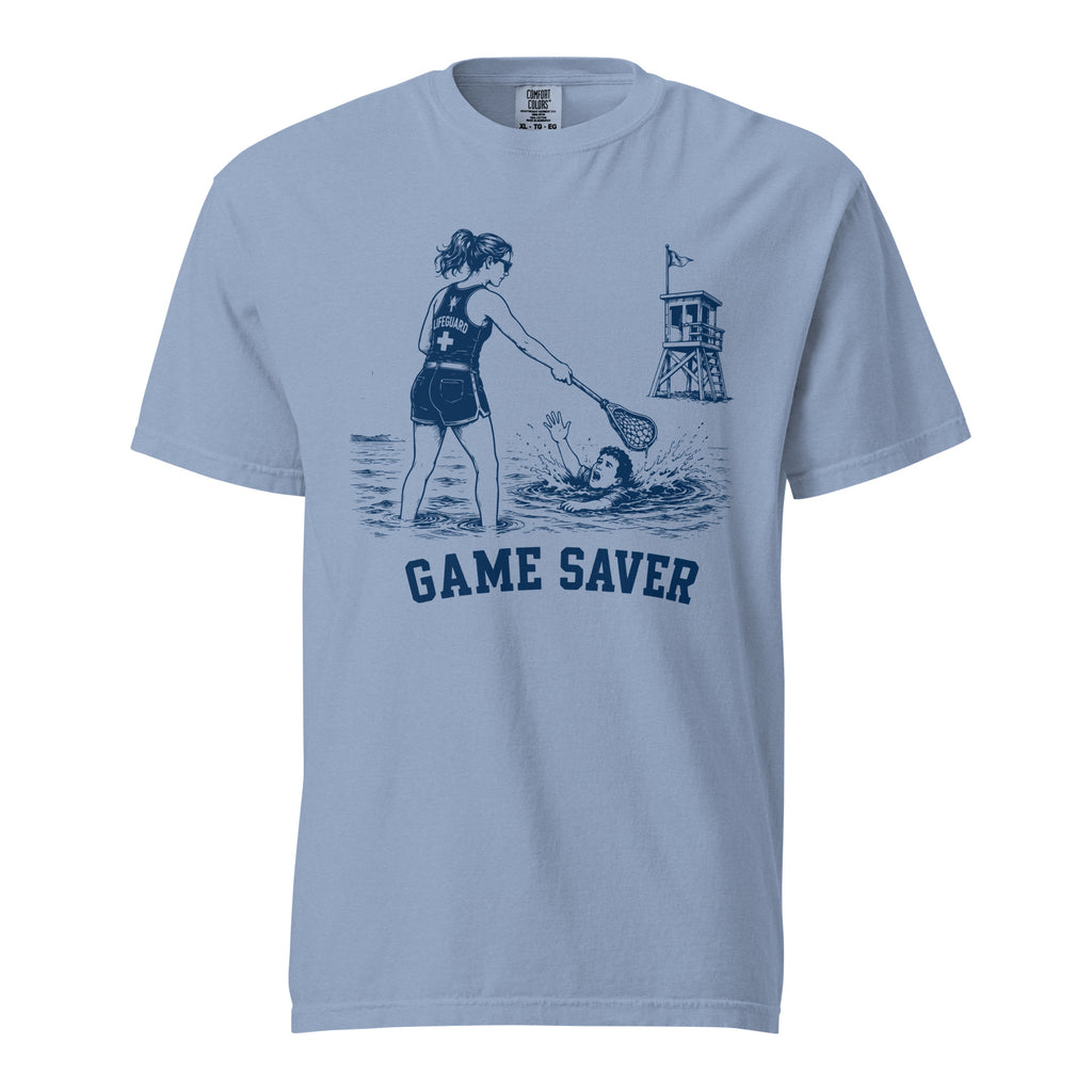 Lacrosse shirt with the GO2X Game Saver design, a female lifeguard reaching a lacrosse stick out to a swimmer