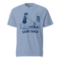 Lacrosse shirt with the GO2X Game Saver design, a female lifeguard reaching a lacrosse stick out to a swimmer