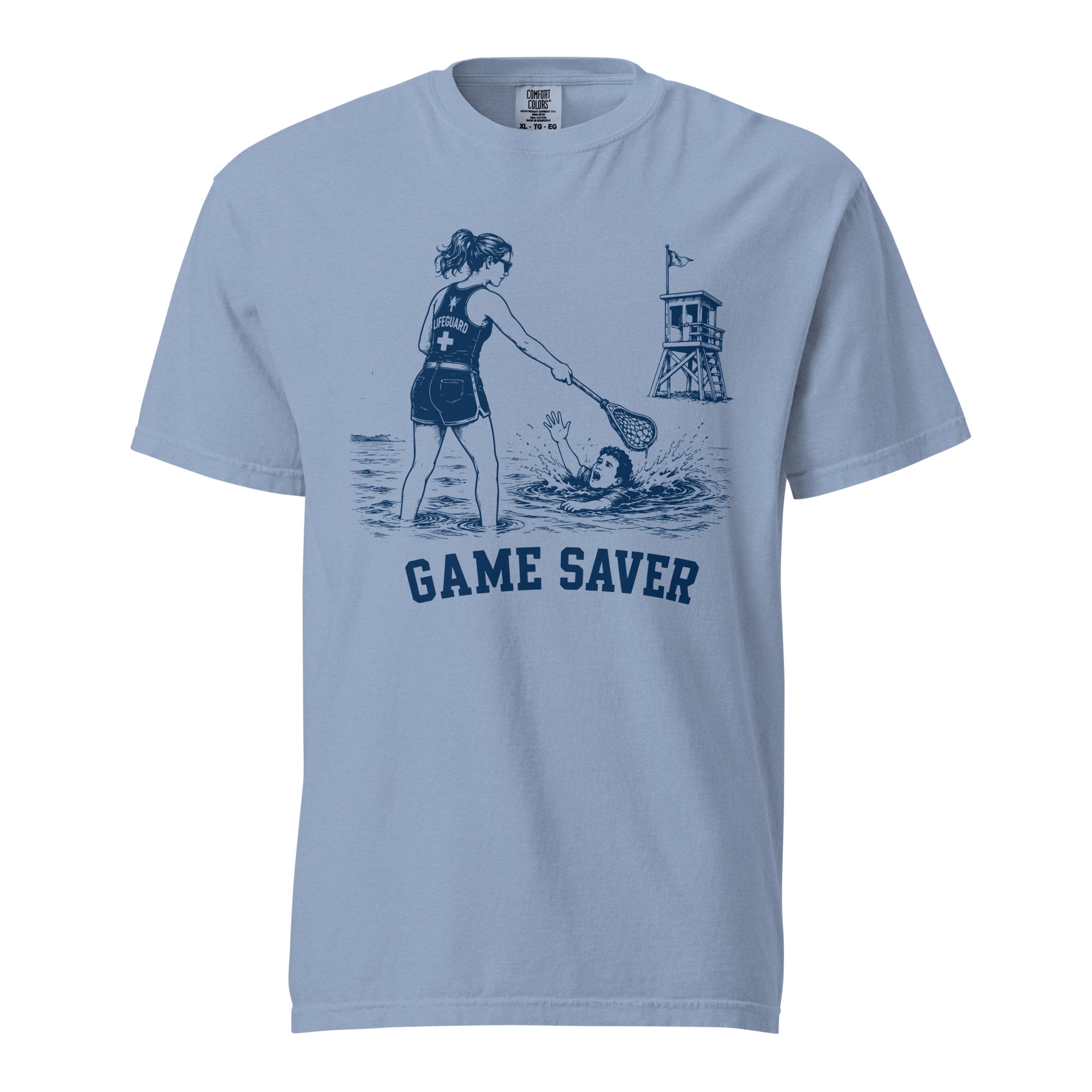 Lacrosse shirt with the GO2X Game Saver design, a female lifeguard reaching a lacrosse stick out to a swimmer
