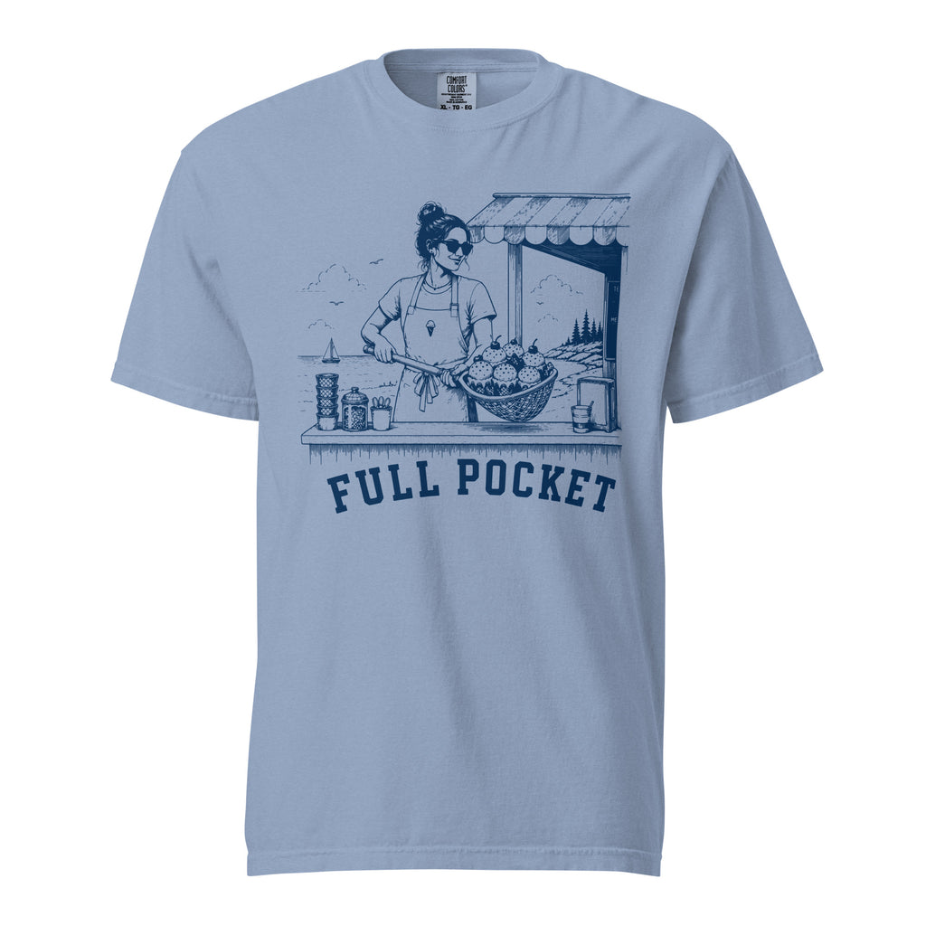 Lacrosse shirt with the GO2X Full Pocket design, a woman at a seaside ice cream stand holding a lacrosse head full of cones