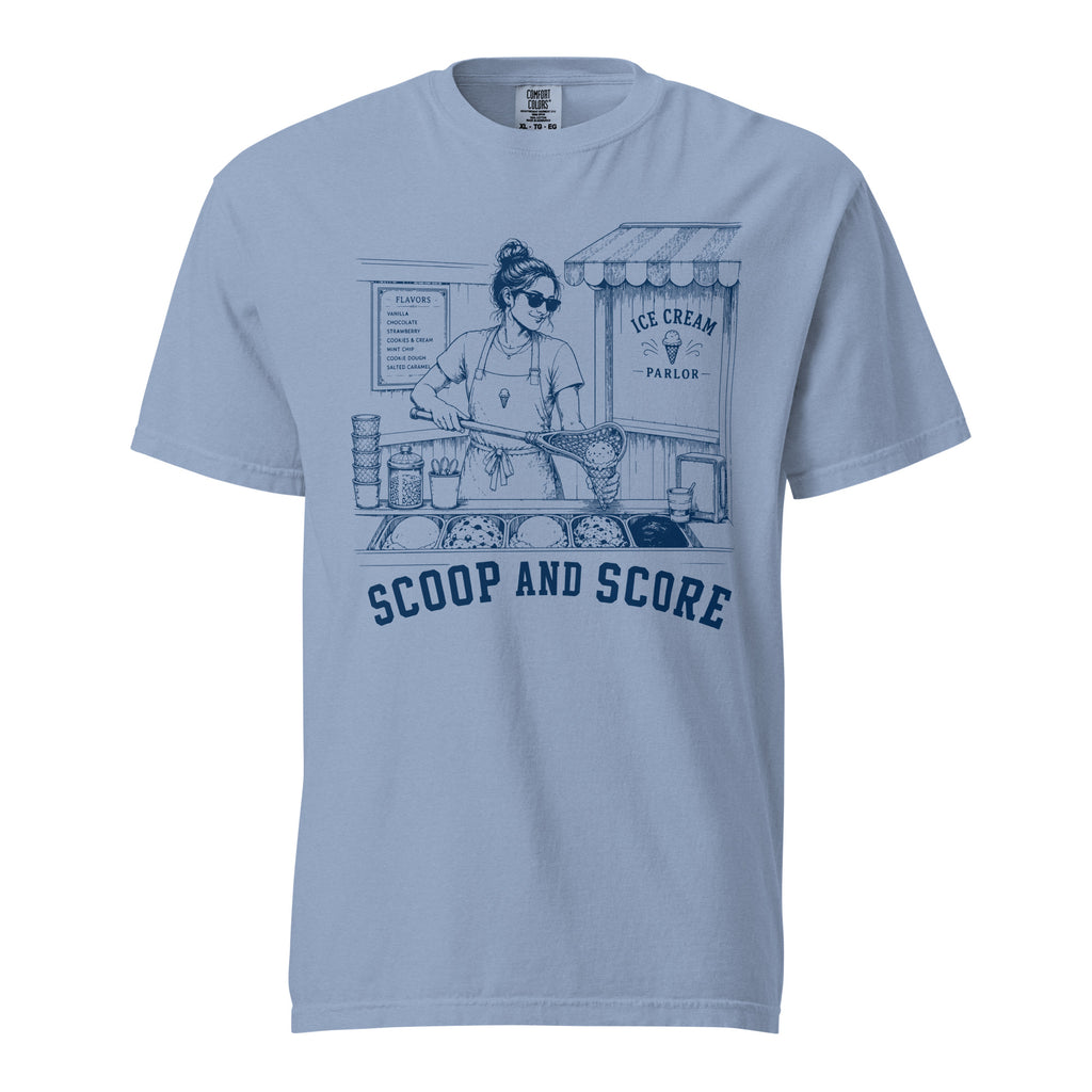 Lacrosse shirt with the GO2X Scoop and Score design, a woman scooping ice cream into a cone with a lacrosse stick