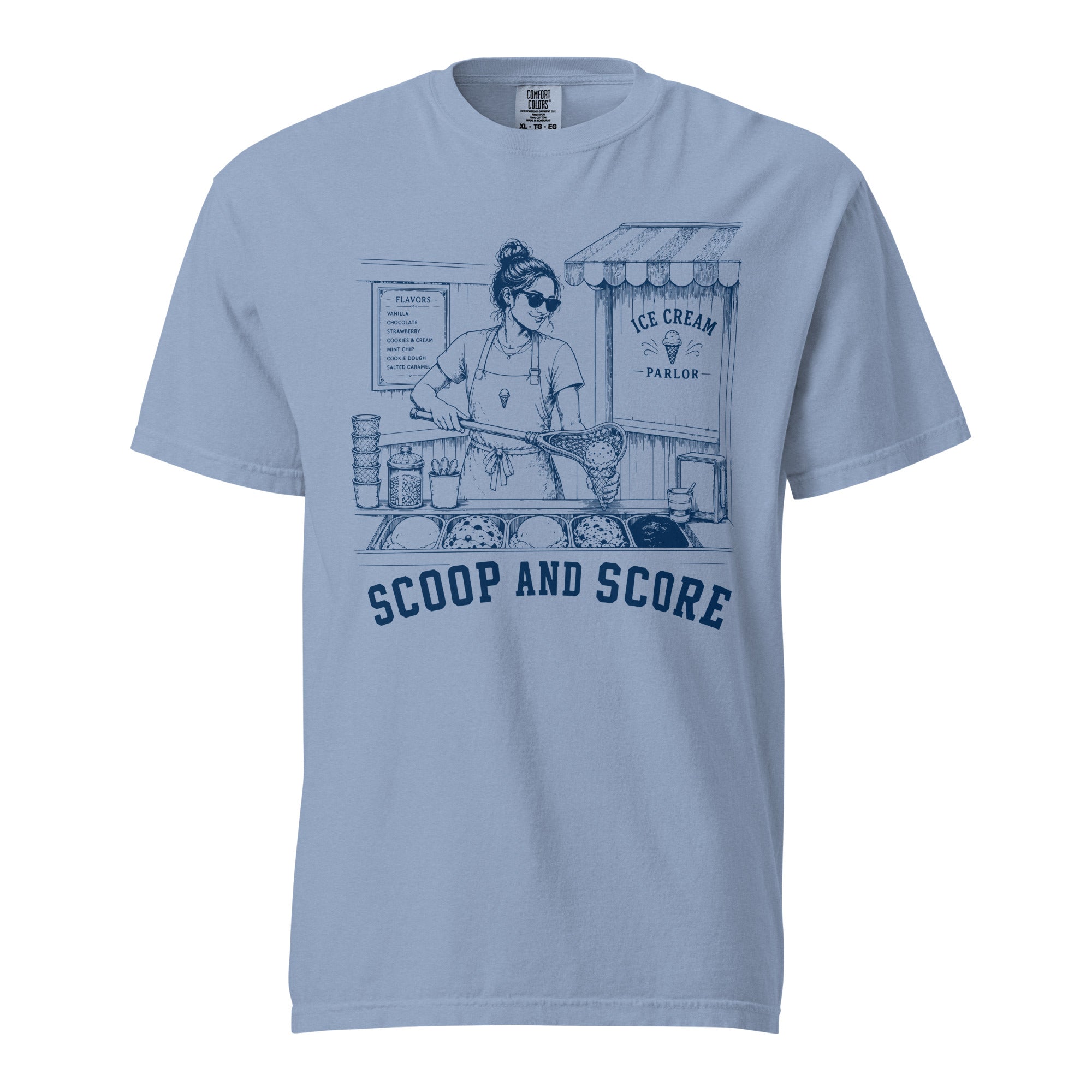 Lacrosse shirt with the GO2X Scoop and Score design, a woman scooping ice cream into a cone with a lacrosse stick