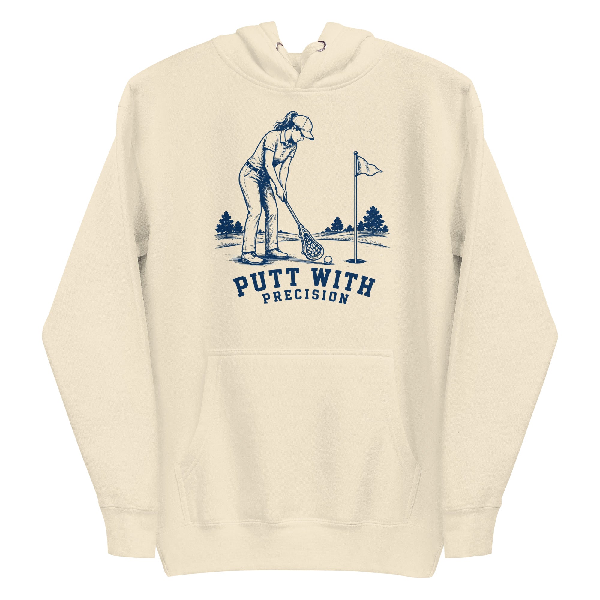 Lacrosse hoodie with the GO2X Putt with Precision design, a woman putting a golf ball with a lacrosse stick