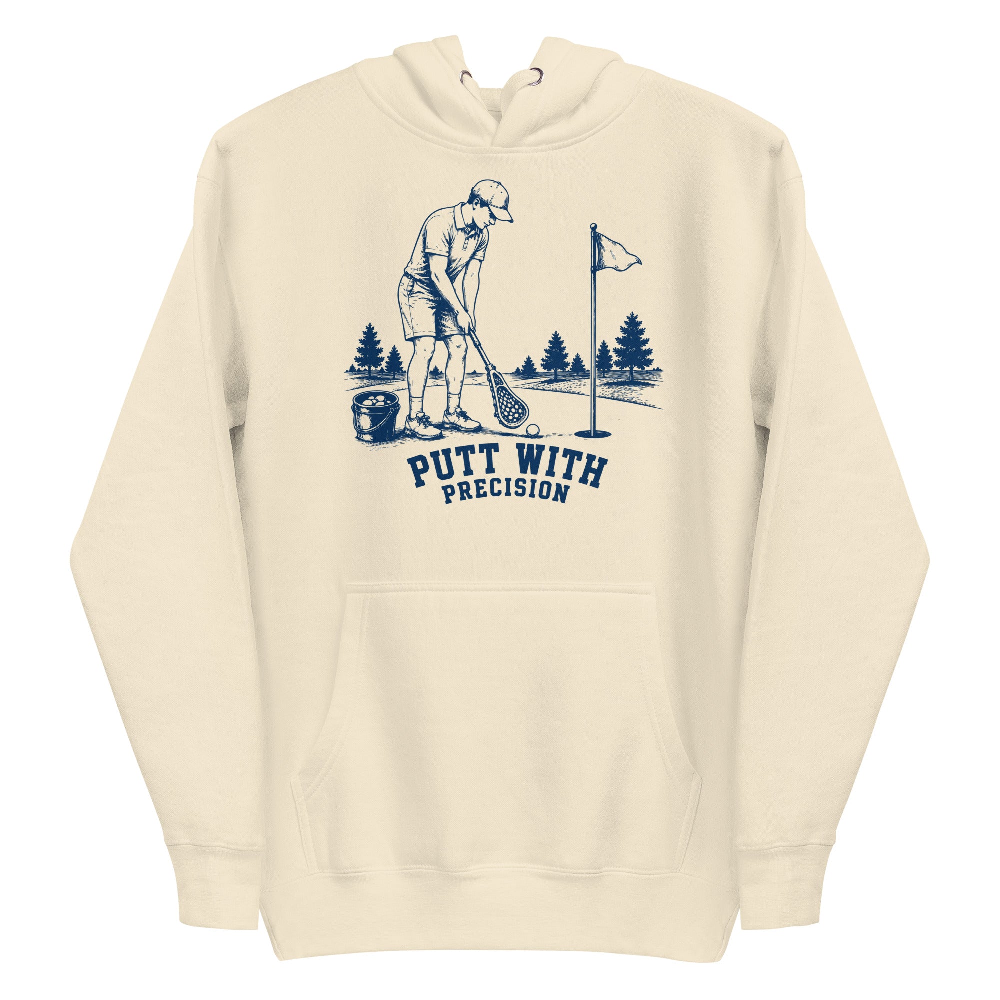 Lacrosse hoodie with the GO2X Putt with Precision design, a man putting a golf ball with a lacrosse stick