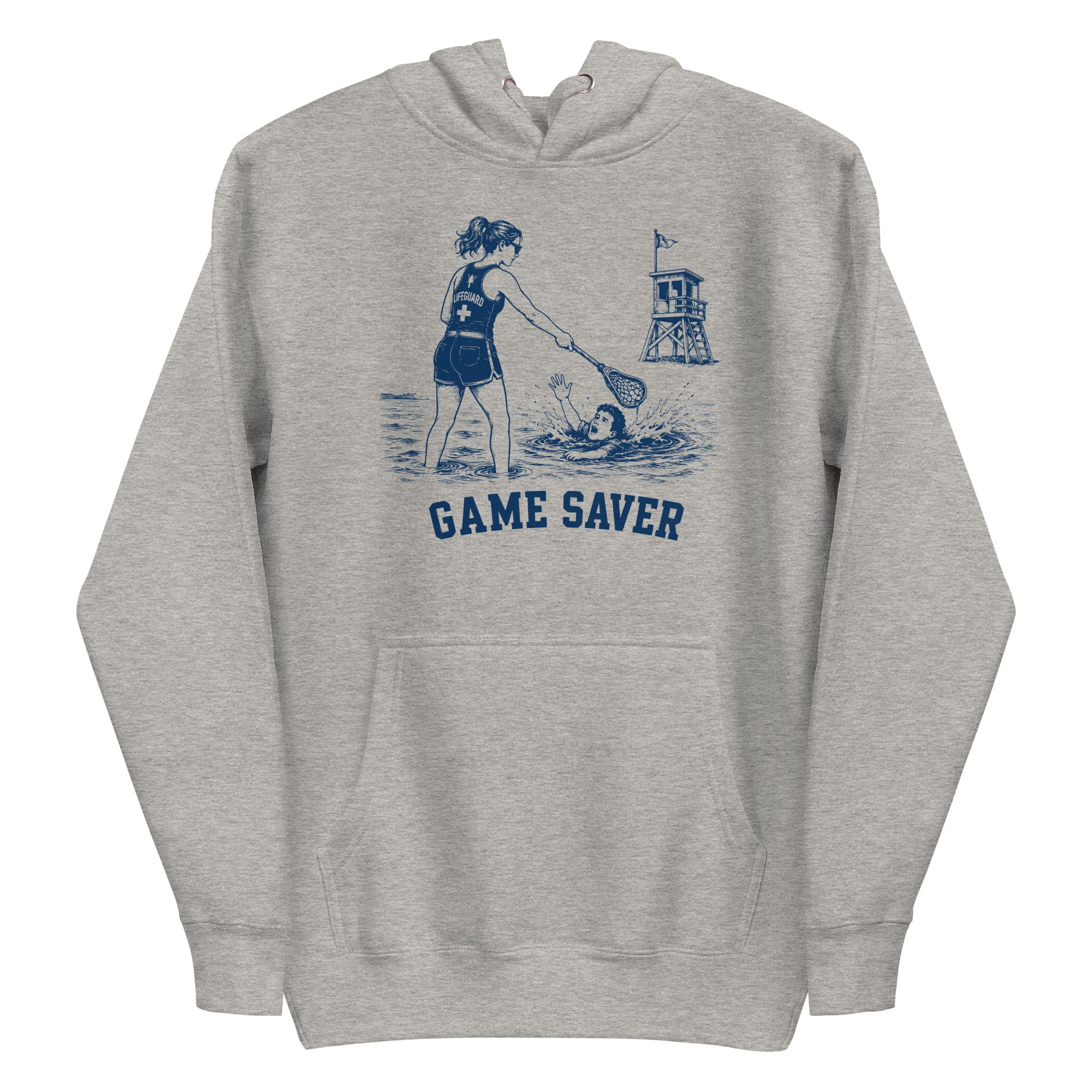 Lacrosse hoodie with the GO2X Game Saver design, a female lifeguard reaching a lacrosse stick out to a swimmer