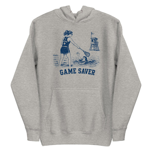 Lacrosse hoodie with the GO2X Game Saver design, a female lifeguard reaching a lacrosse stick out to a swimmer