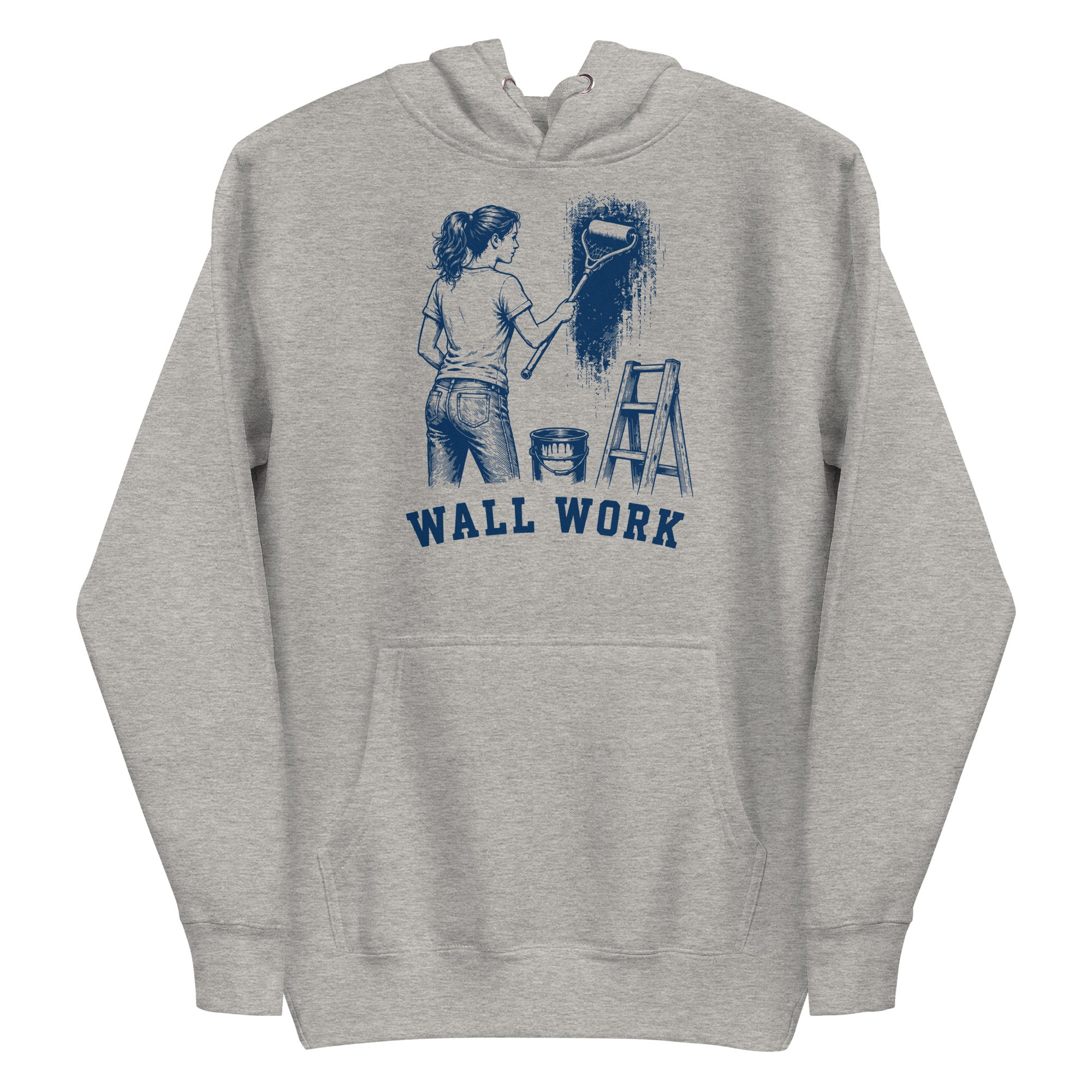 Lacrosse hoodie with the GO2X Wall Work design, a woman painting a wall with a lacrosse stick