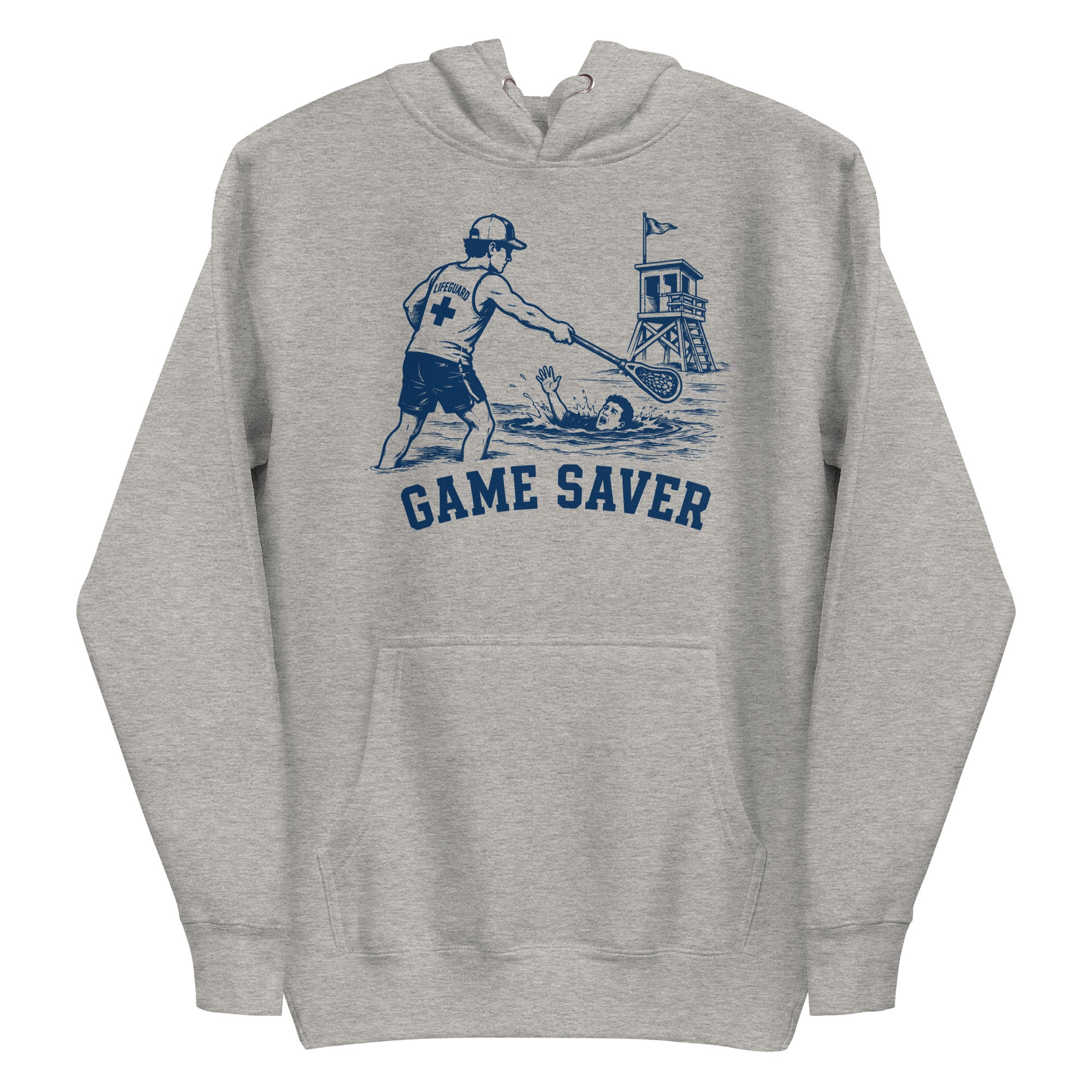 Lacrosse hoodie with the GO2X Game Saver design, a male lifeguard reaching a lacrosse stick out to a swimmer