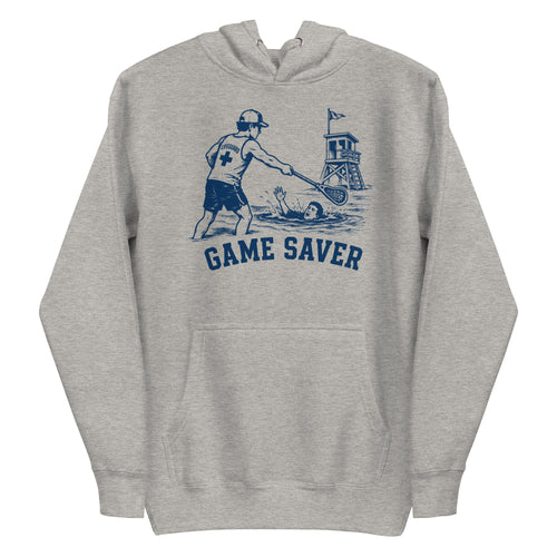 Lacrosse hoodie with the GO2X Game Saver design, a male lifeguard reaching a lacrosse stick out to a swimmer