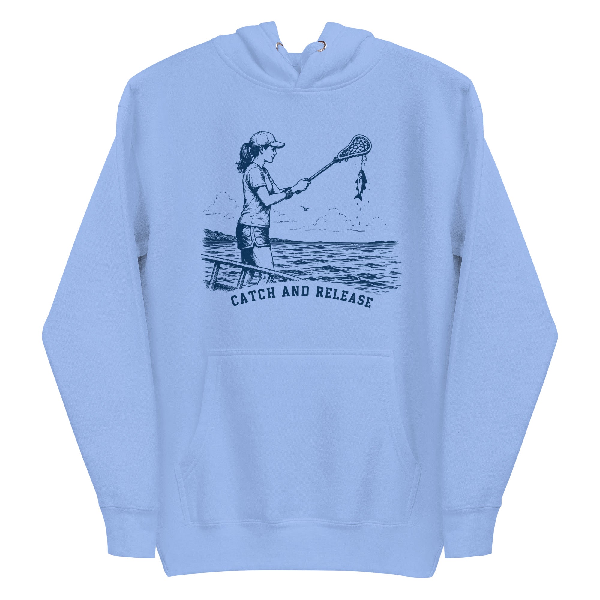 Lacrosse hoodie with the GO2X Catch and Release design, a woman on a dock holding a lacrosse stick with a fish hanging from the head
