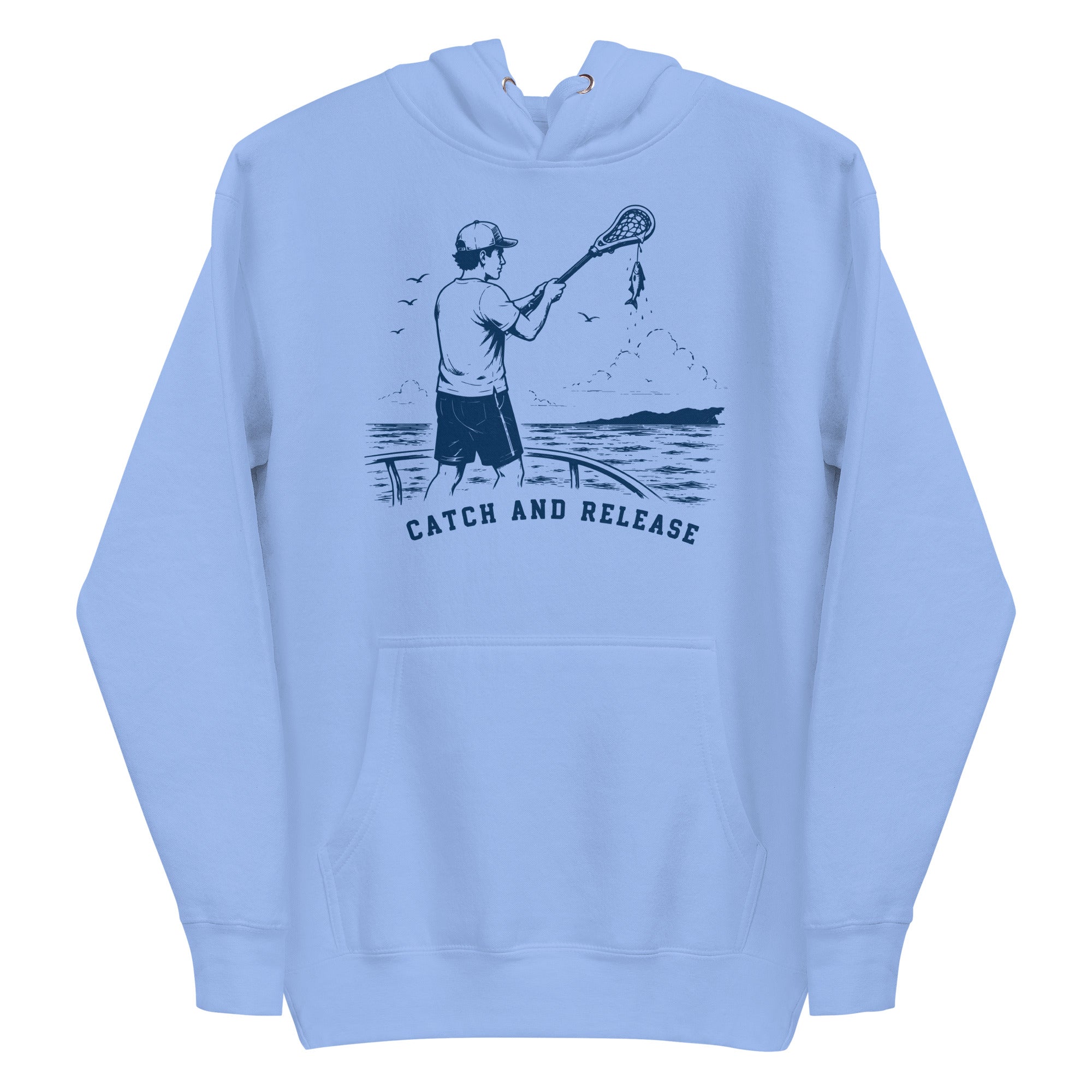 Lacrosse hoodie with the GO2X Catch and Release design, a man on a dock holding a lacrosse stick with a fish hanging from the head