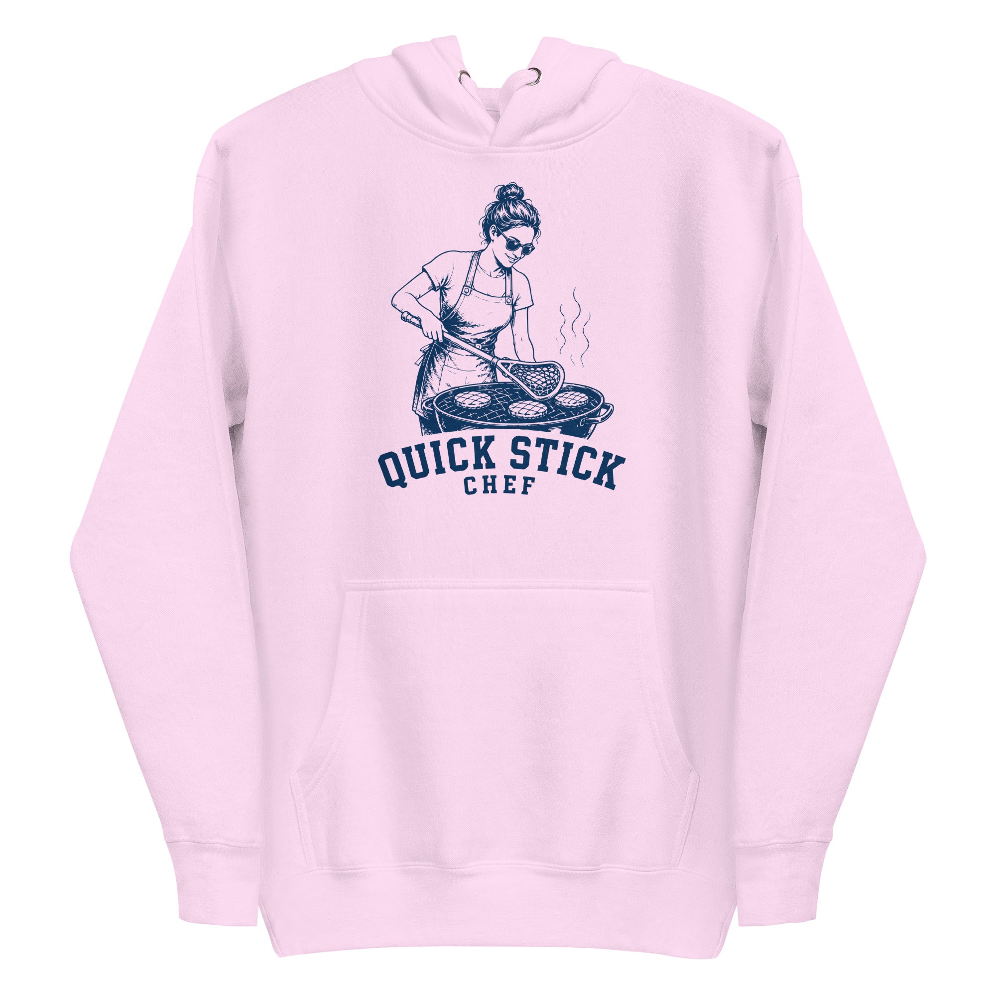 Lacrosse hoodie with the GO2X Quick Stick Chef design, a woman grilling with a lacrosse stick
