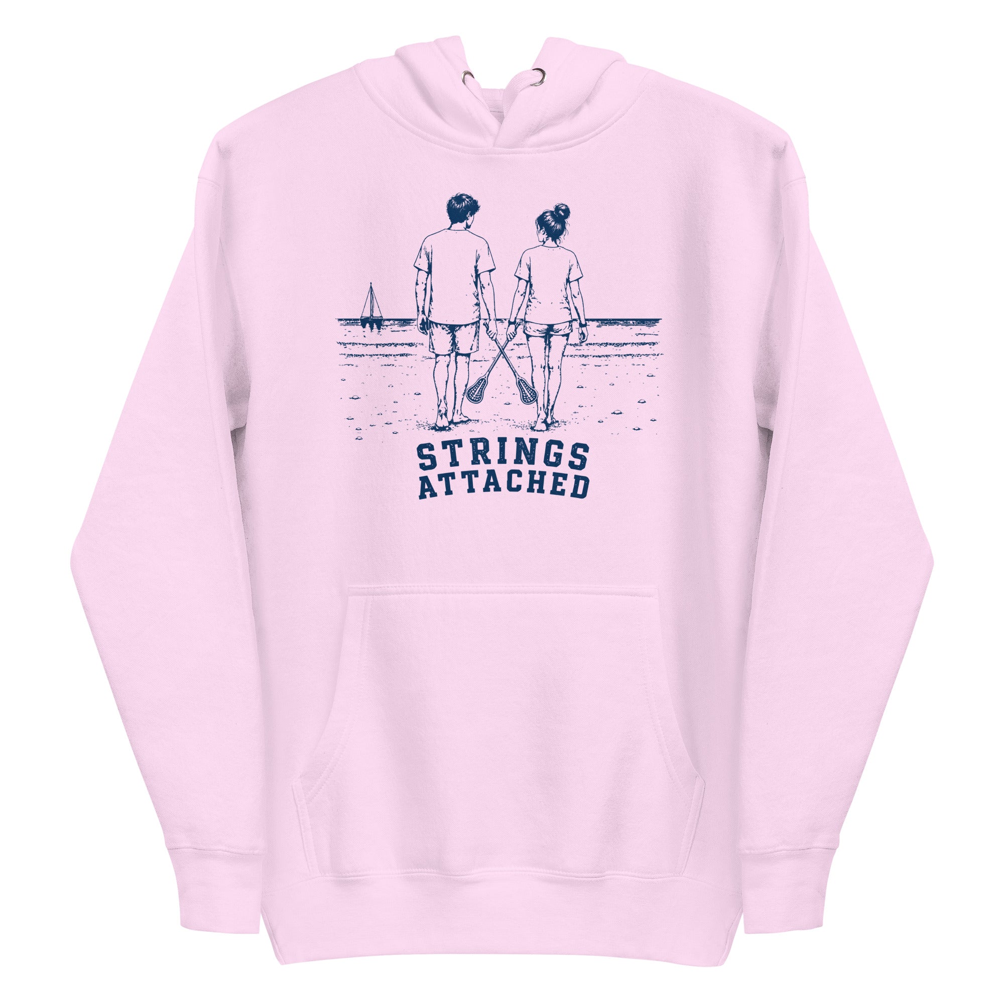 Lacrosse hoodie with the GO2X Strings Attached design, a couple walking on the beach with their lacrosse sticks crossed