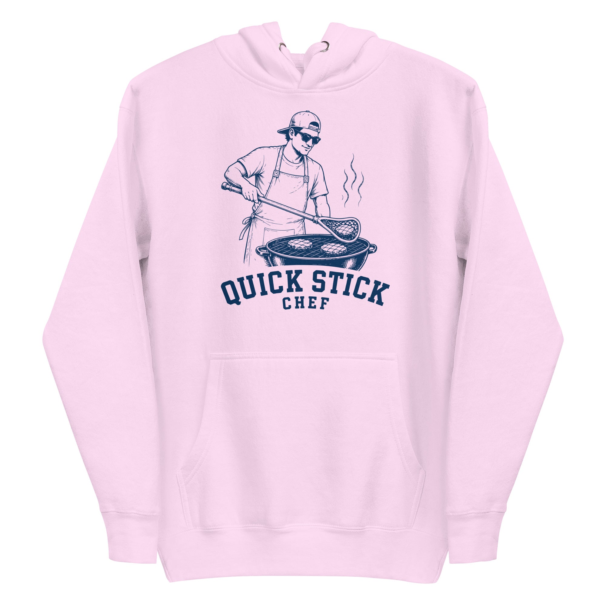 Lacrosse hoodie with the GO2X Quick Stick Chef design, a man grilling with a lacrosse stick