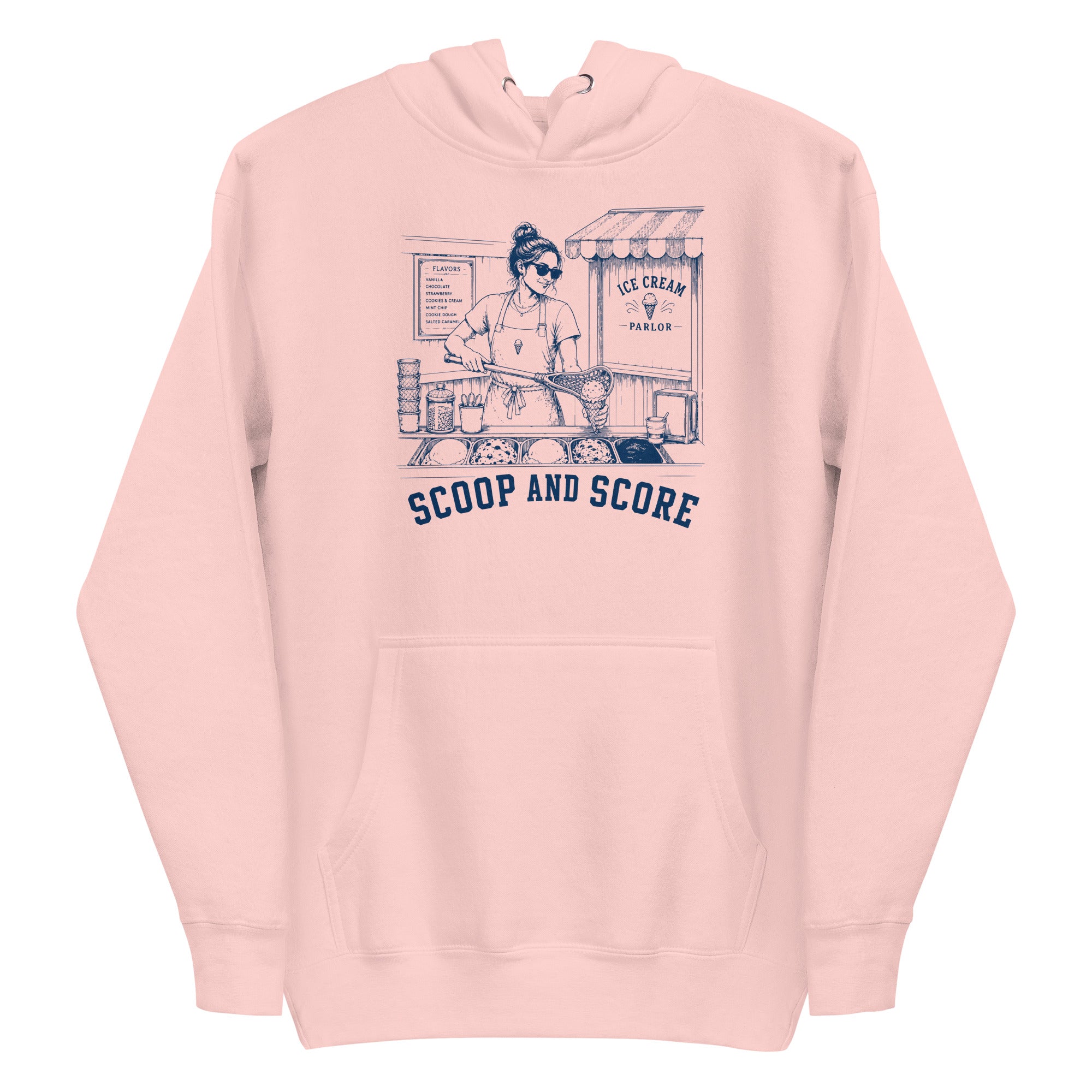 Lacrosse hoodie with the GO2X Scoop and Score design, a woman scooping ice cream into a cone with a lacrosse stick