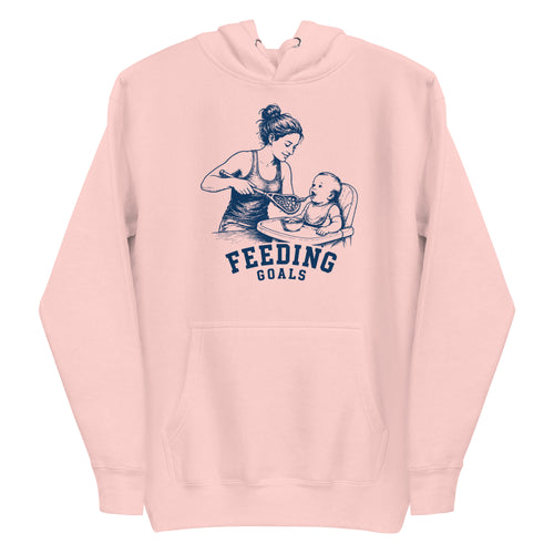 Lacrosse hoodie with the GO2X Feeding Goals design, a woman feeding a baby in a high chair with a lacrosse stick