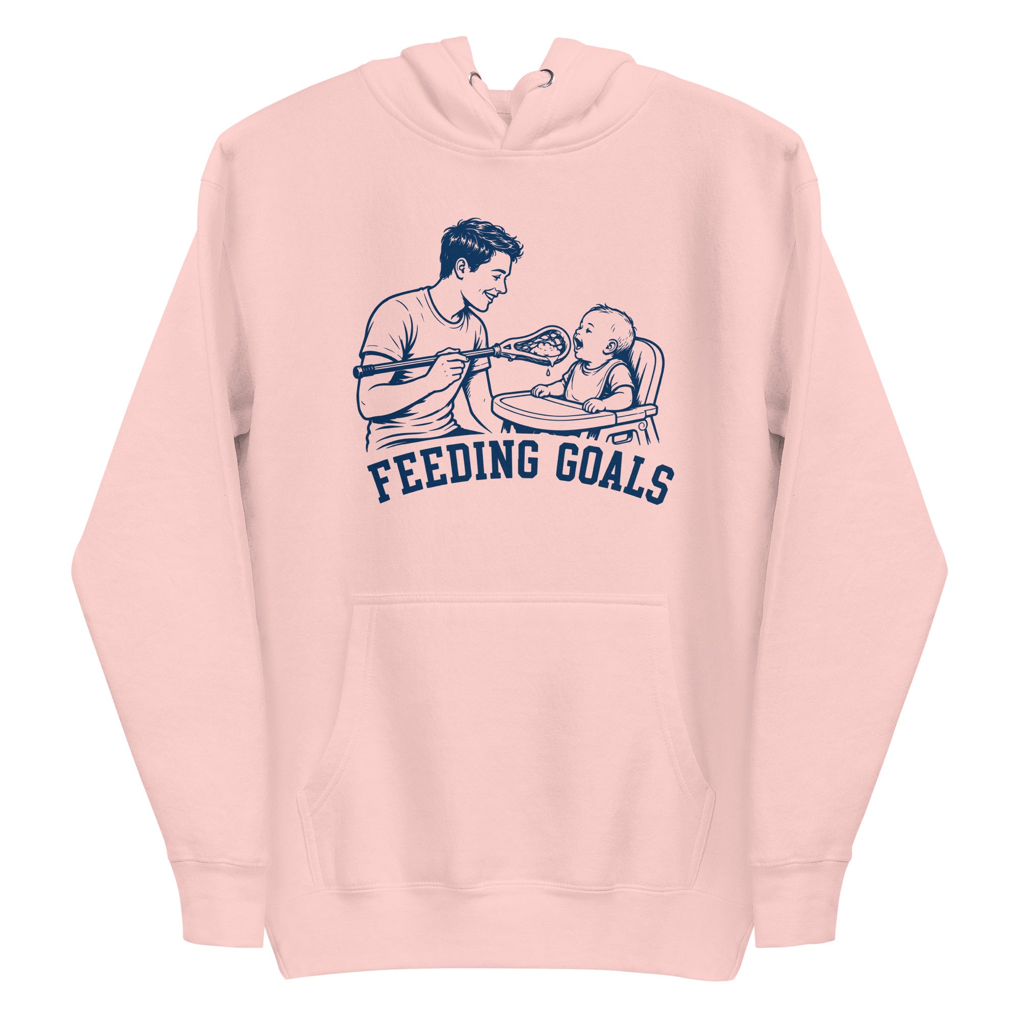 Lacrosse hoodie with the GO2X Feeding Goals design, a man feeding a baby in a high chair with a lacrosse stick