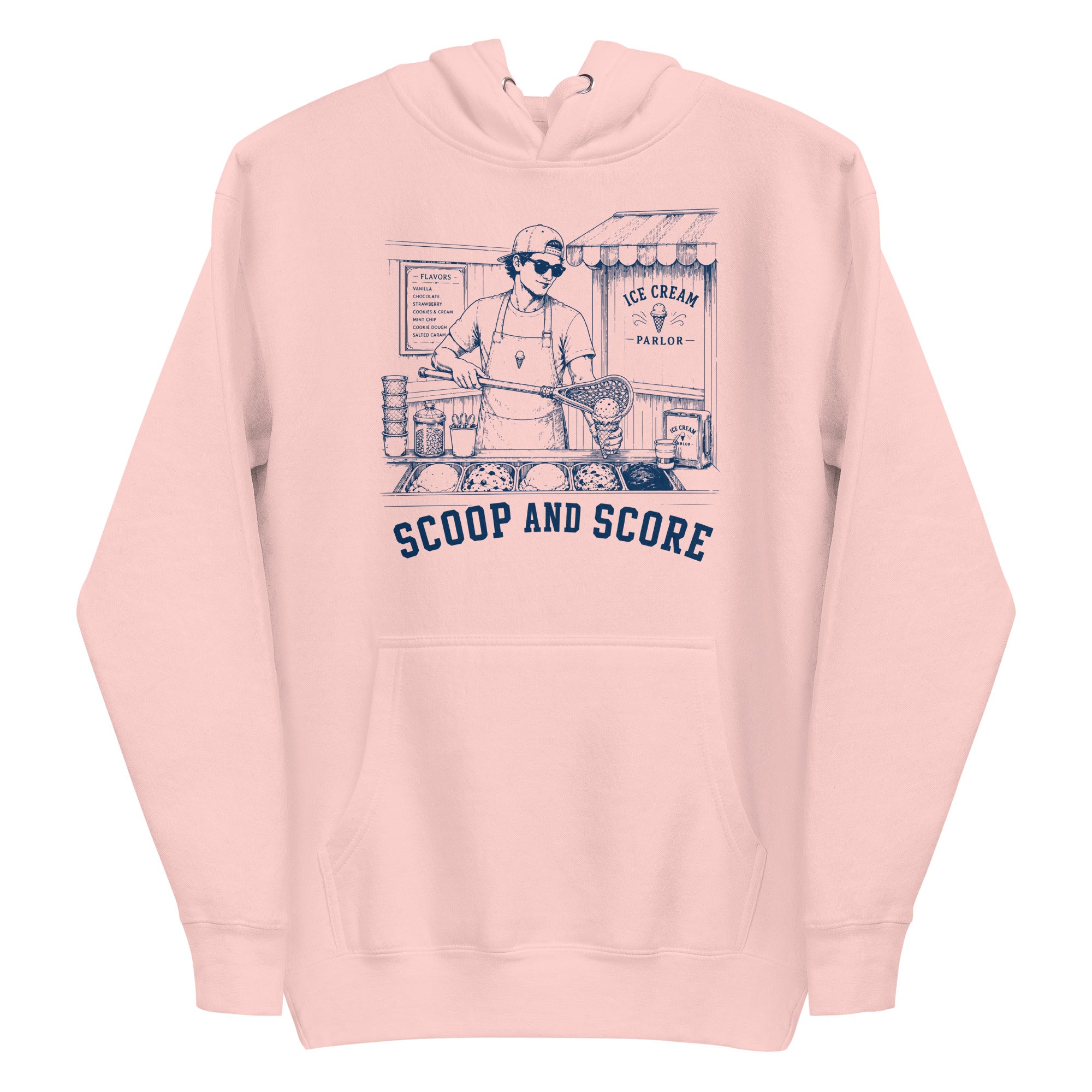 Lacrosse hoodie with the GO2X Scoop and Score design, a man scooping ice cream into a cone with a lacrosse stick