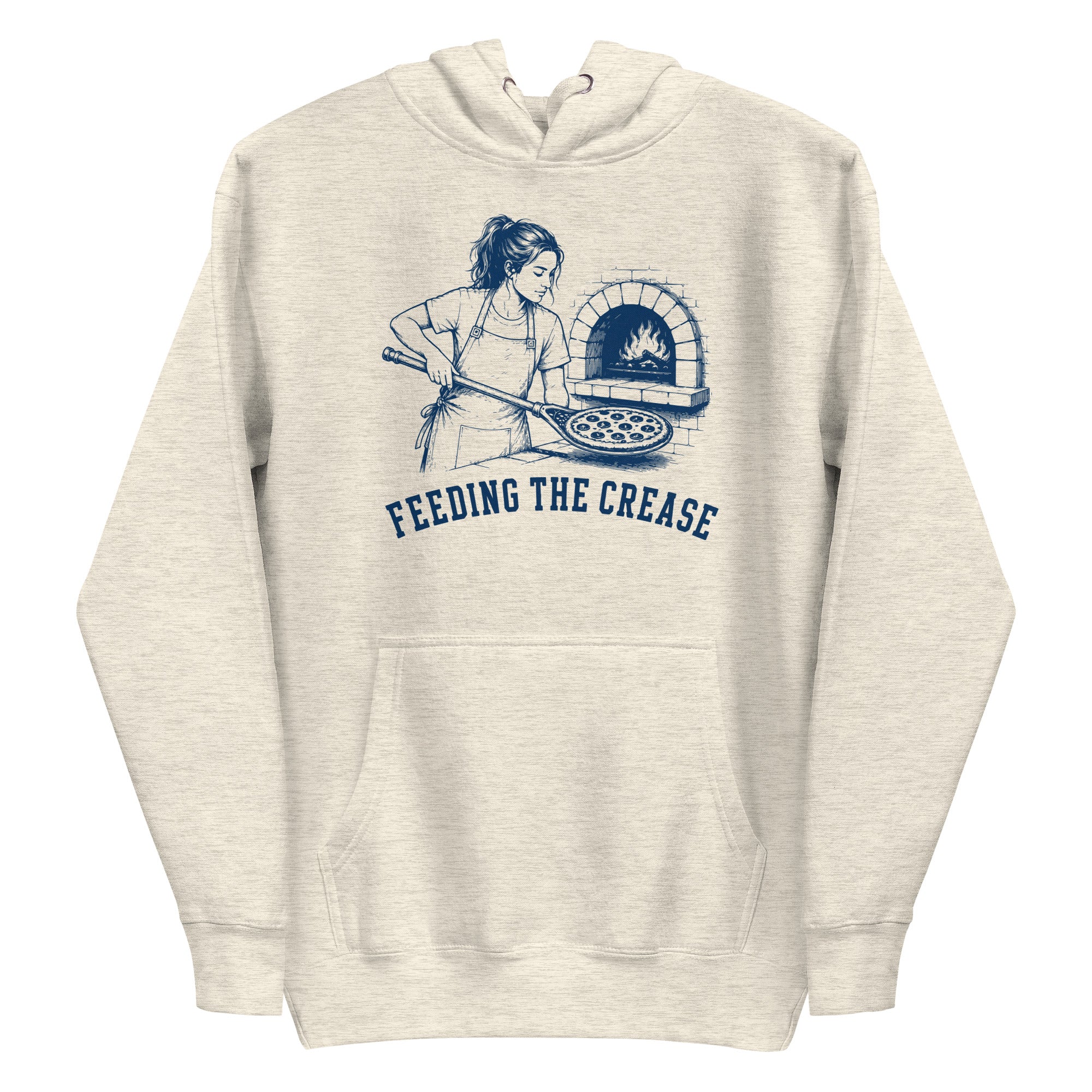 Lacrosse hoodie with the GO2X Feeding the Crease design, a woman sliding a pizza into a wood-fired oven with a lacrosse stick