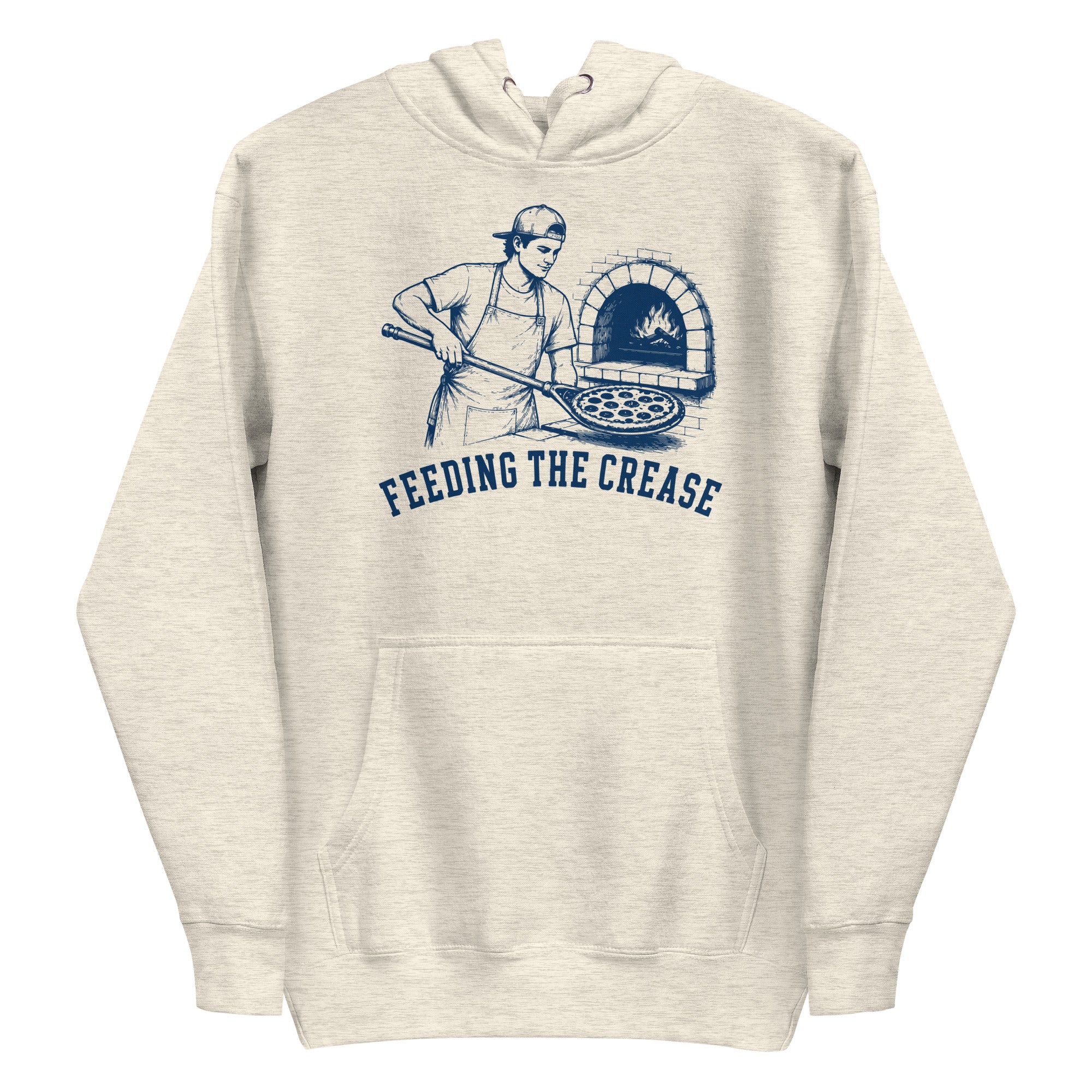 Lacrosse hoodie with the GO2X Feeding the Crease design, a man sliding a pizza into a wood-fired oven with a lacrosse stick