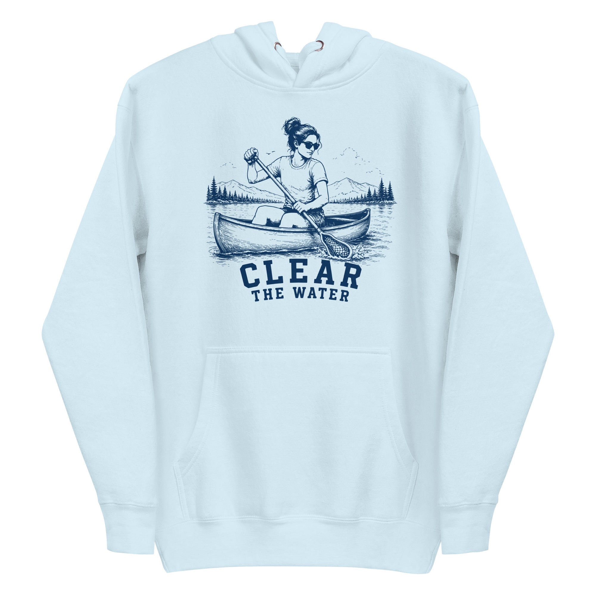 Lacrosse hoodie with the GO2X Clear the Water design, a woman paddling a canoe with a lacrosse stick