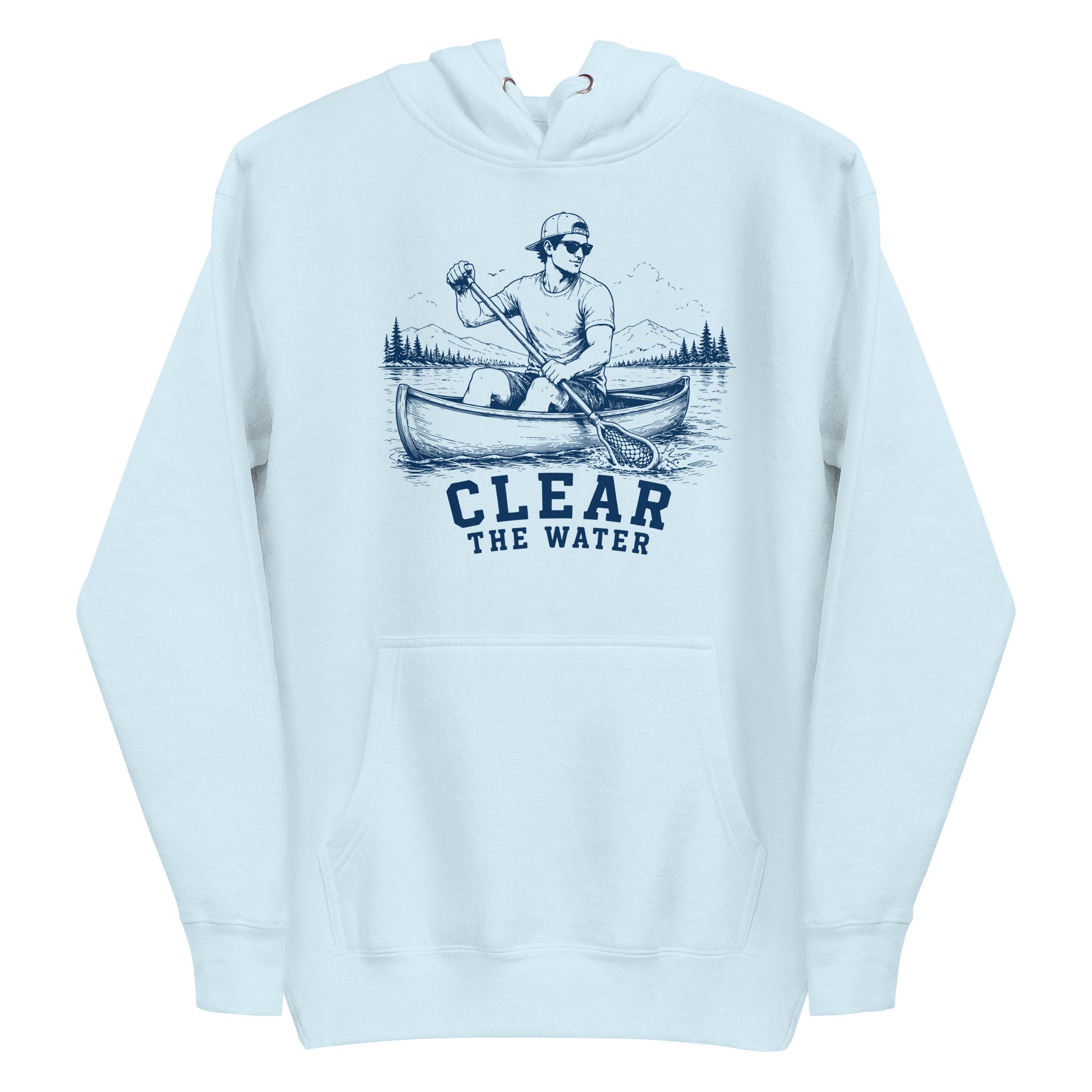 Lacrosse hoodie with the GO2X Clear the Water design, a man paddling a canoe with a lacrosse stick