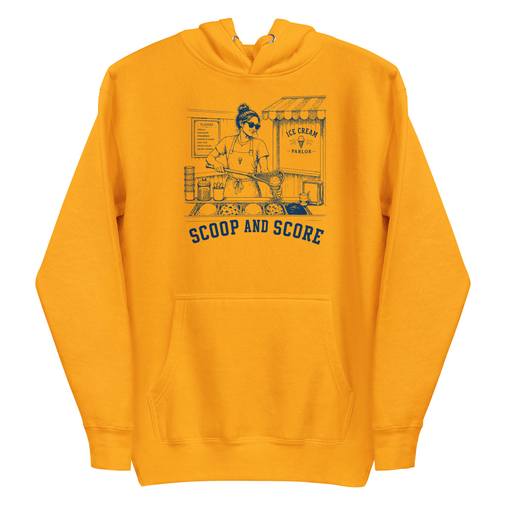 Lacrosse hoodie with the GO2X Scoop and Score design, a woman scooping ice cream into a cone with a lacrosse stick