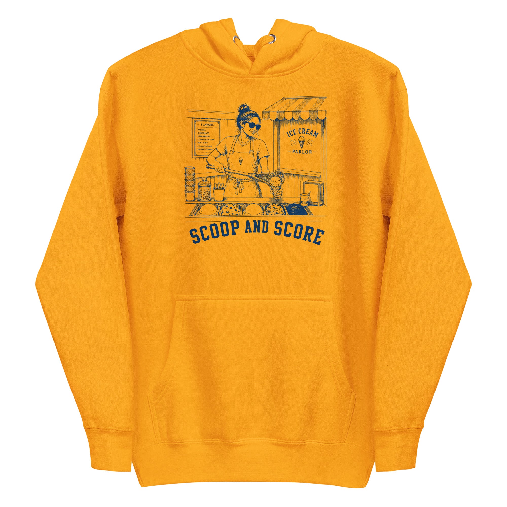 Lacrosse hoodie with the GO2X Scoop and Score design, a woman scooping ice cream into a cone with a lacrosse stick