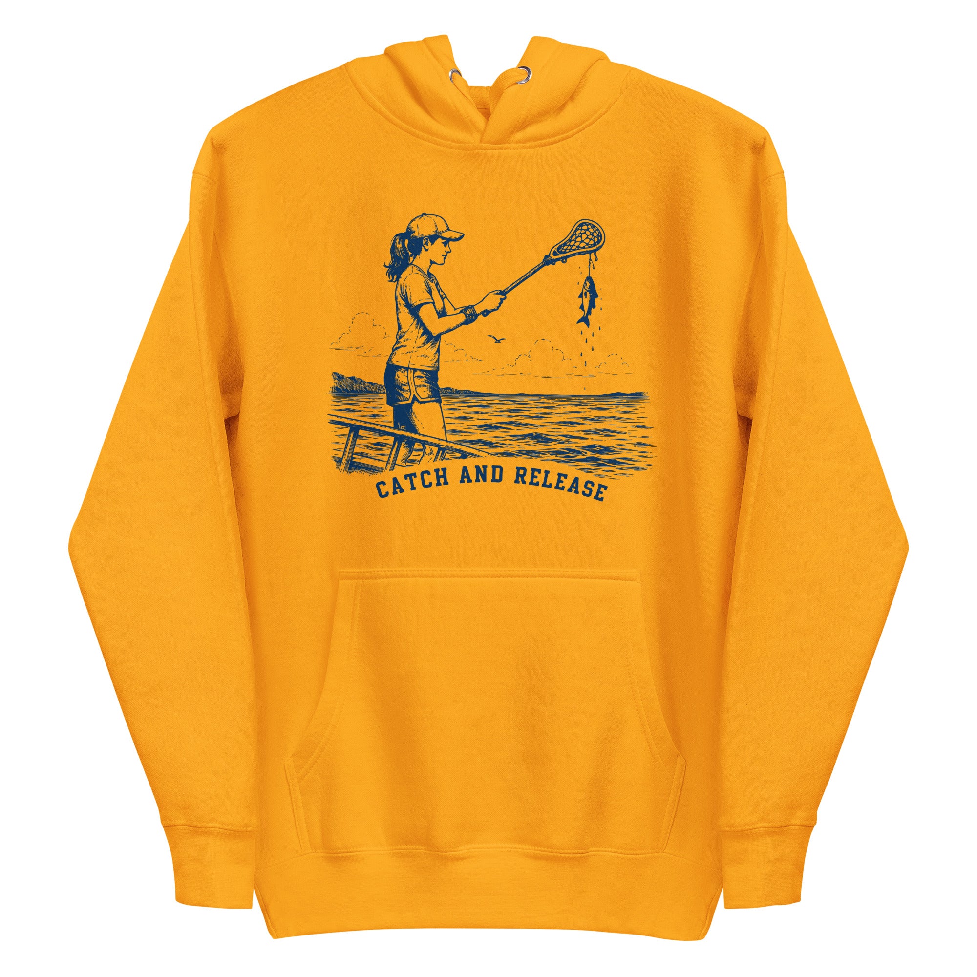 Lacrosse hoodie with the GO2X Catch and Release design, a girl on a dock holding a lacrosse stick with a fish hanging from the head