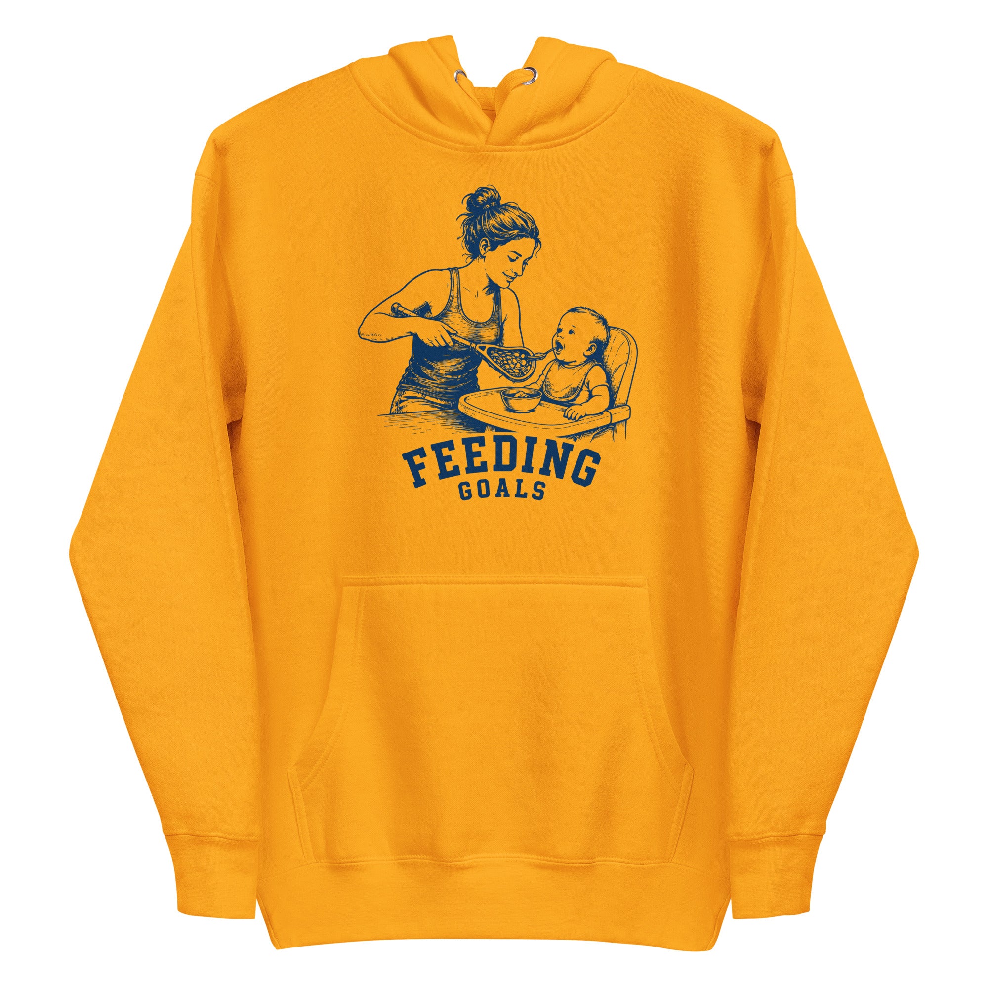 Lacrosse hoodie with the GO2X Feeding Goals design, a woman feeding a baby in a high chair with a lacrosse stick