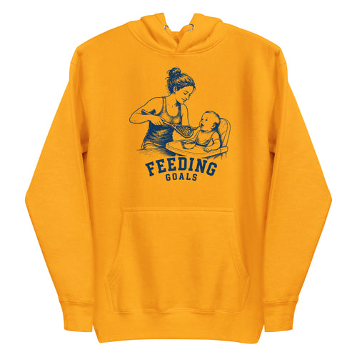 Lacrosse hoodie with the GO2X Feeding Goals design, a woman feeding a baby in a high chair with a lacrosse stick