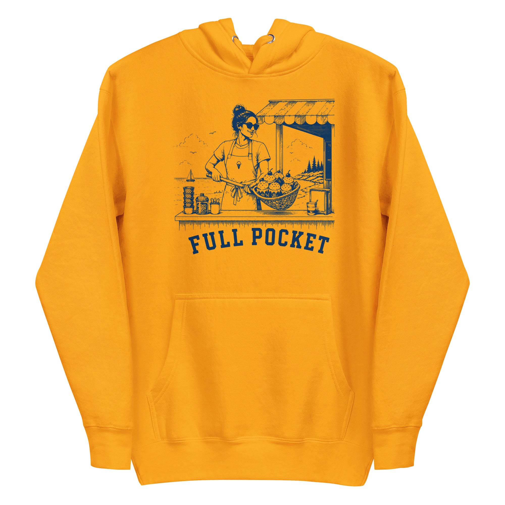 Lacrosse hoodie with the GO2X Full Pocket design, a woman at a seaside ice cream stand holding a lacrosse head full of cones