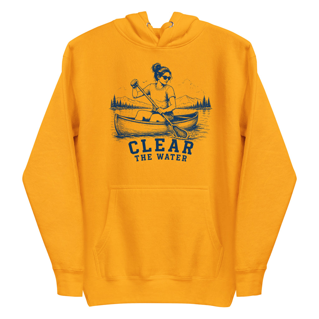 Lacrosse hoodie with the GO2X Clear the Water design, a woman paddling a canoe with a lacrosse-head paddle on a mountain lake