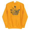 Lacrosse hoodie with the GO2X Clear the Water design, a woman paddling a canoe with a lacrosse-head paddle on a mountain lake