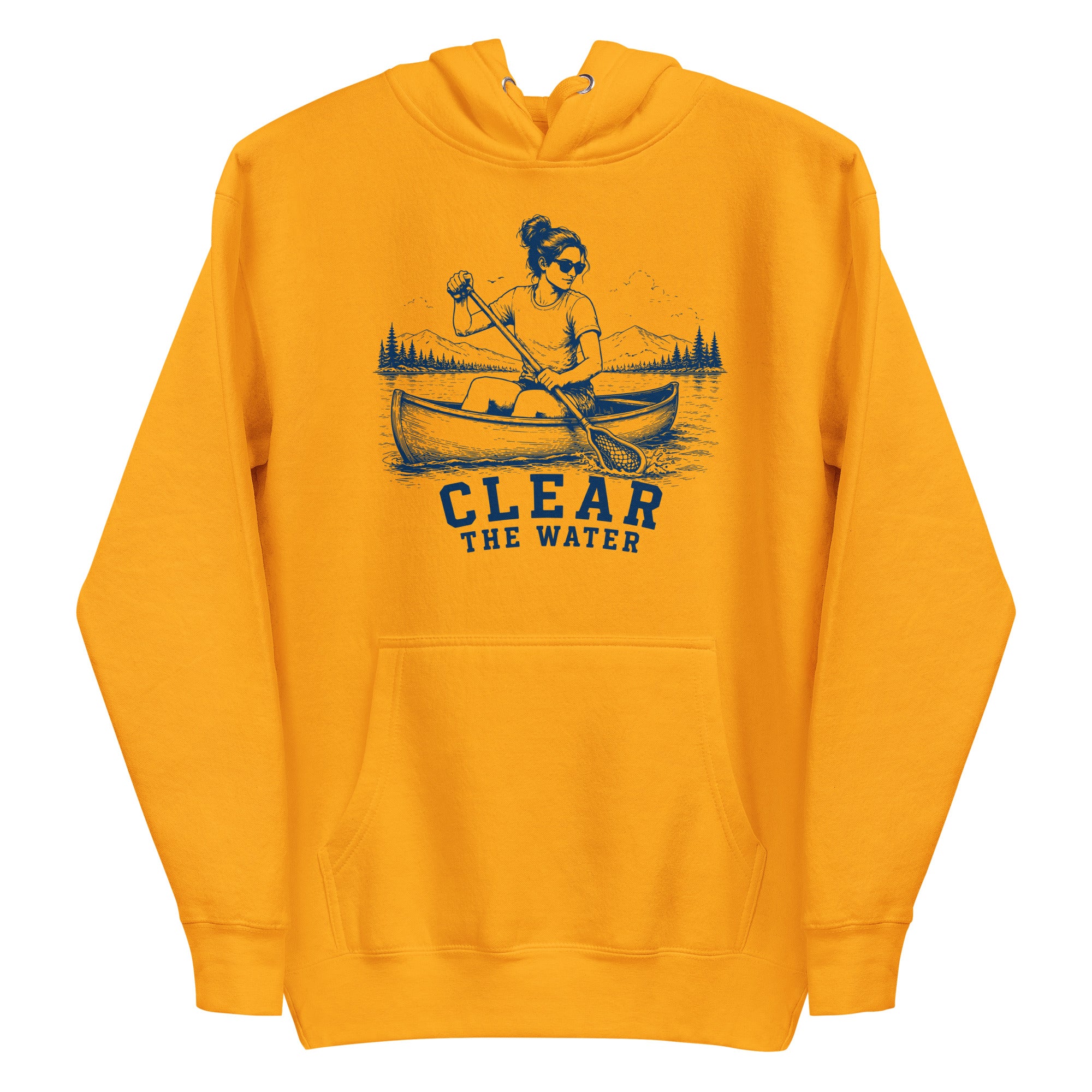 Lacrosse hoodie with the GO2X Clear the Water design, a woman paddling a canoe with a lacrosse-head paddle on a mountain lake