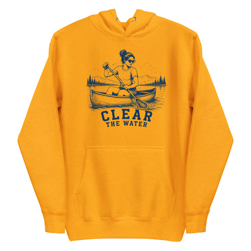 Lacrosse hoodie with the GO2X Clear the Water design, a woman paddling a canoe with a lacrosse-head paddle on a mountain lake
