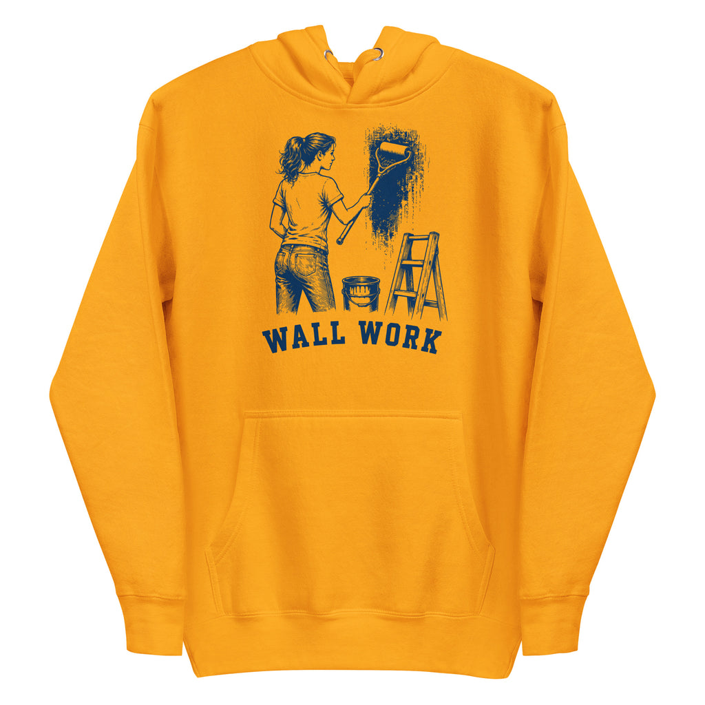 Lacrosse hoodie with the GO2X Wall Work design, a woman painting a wall with a lacrosse-head paint roller