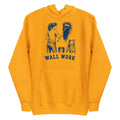 Lacrosse hoodie with the GO2X Wall Work design, a woman painting a wall with a lacrosse-head paint roller