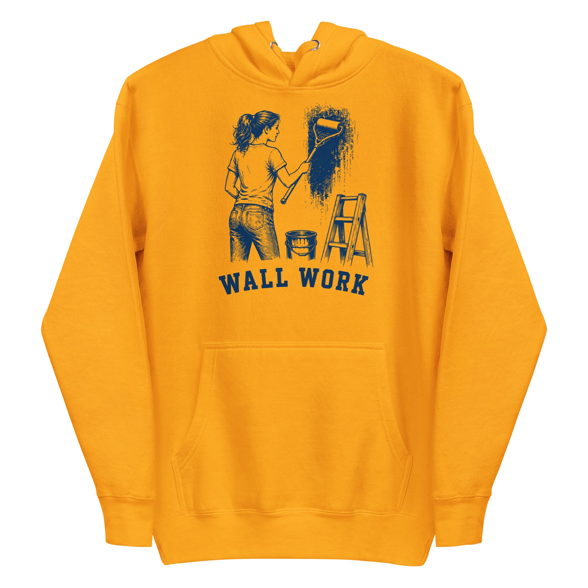 Lacrosse hoodie with the GO2X Wall Work design, a woman painting a wall with a lacrosse-head paint roller