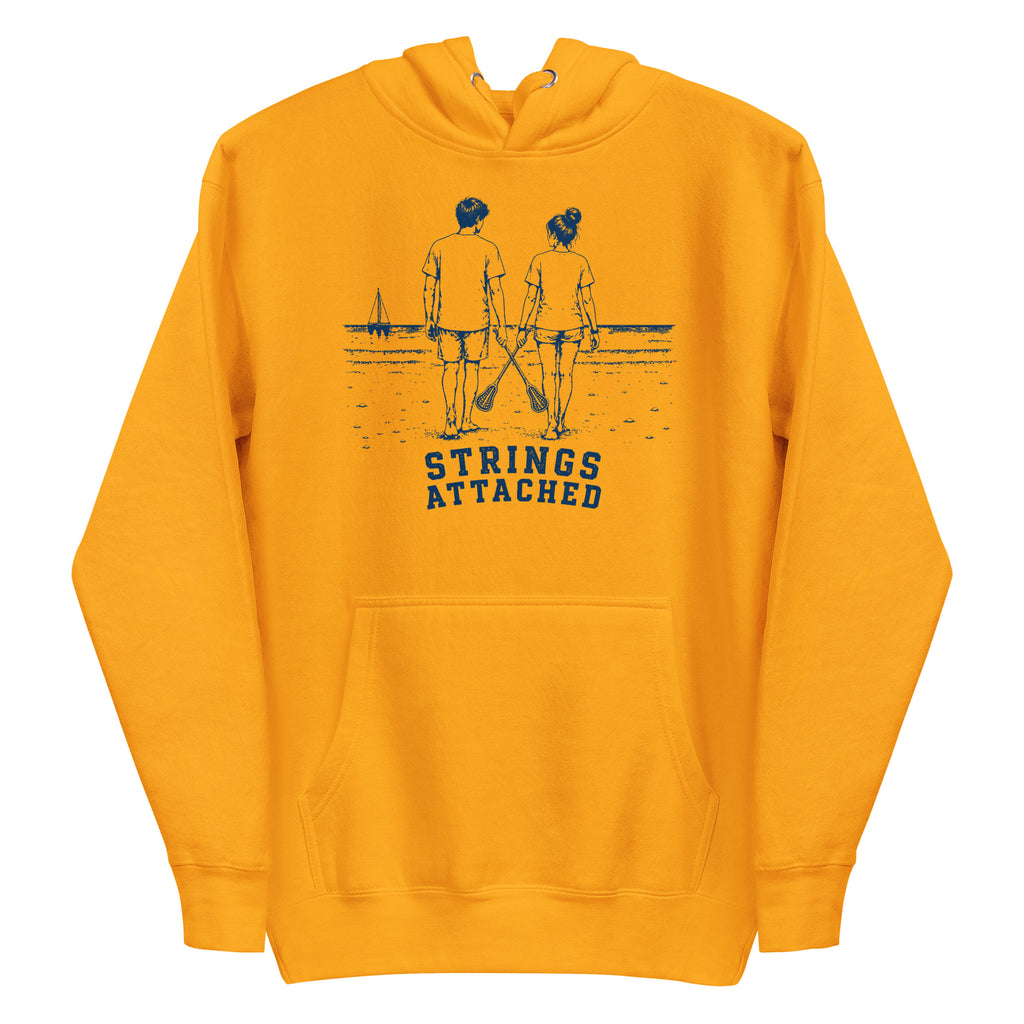 Lacrosse hoodie with the GO2X Strings Attached design, a couple walking on the beach with their lacrosse sticks crossed