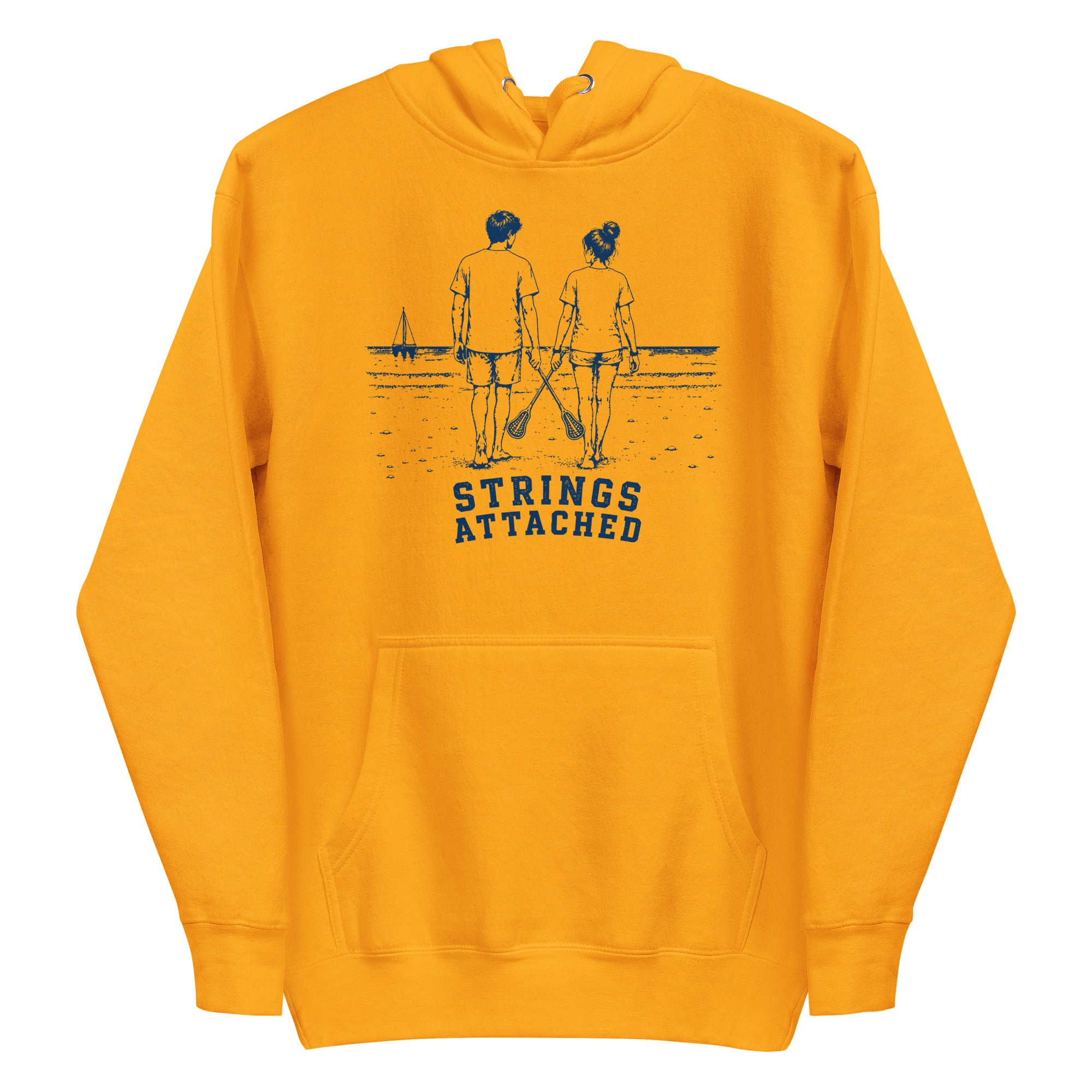 Lacrosse hoodie with the GO2X Strings Attached design, a couple walking on the beach with their lacrosse sticks crossed