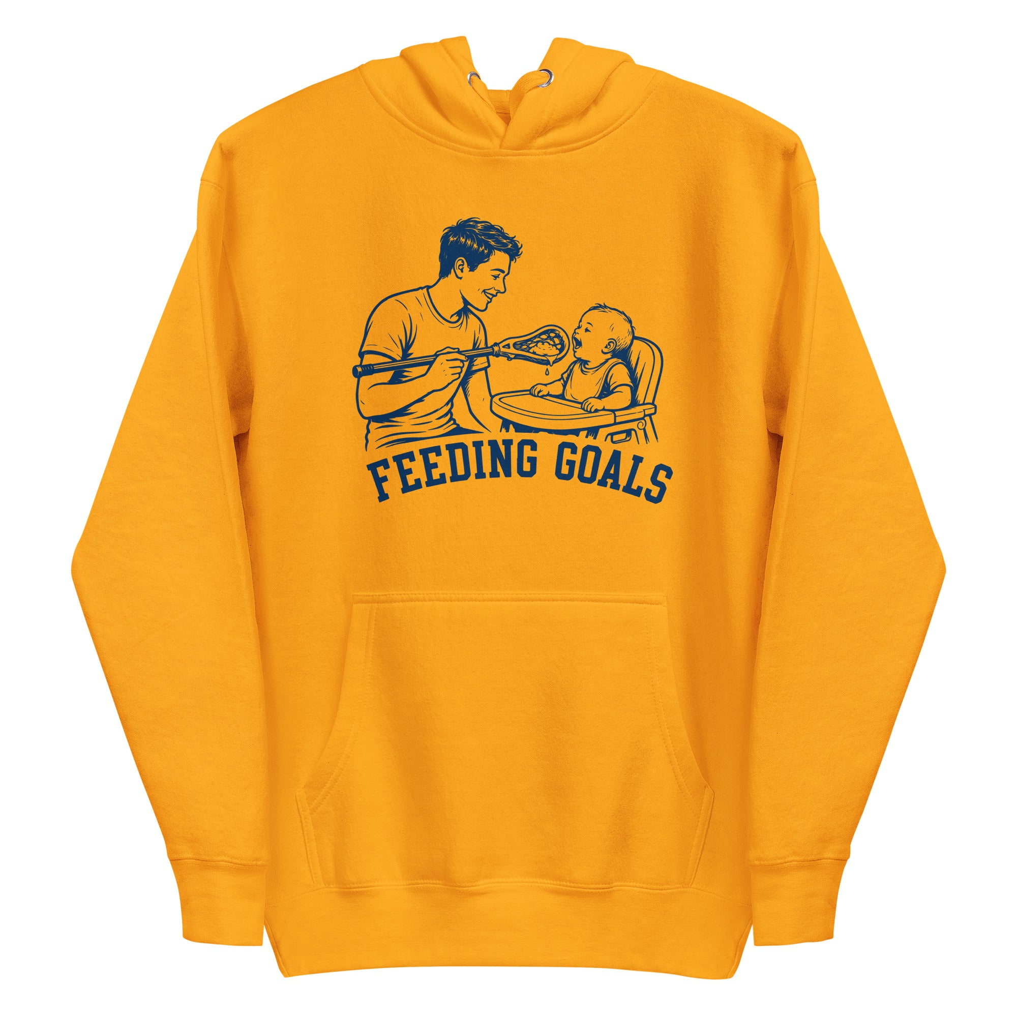 Lacrosse hoodie with the GO2X Feeding Goals design, a man feeding a baby in a high chair with a lacrosse stick