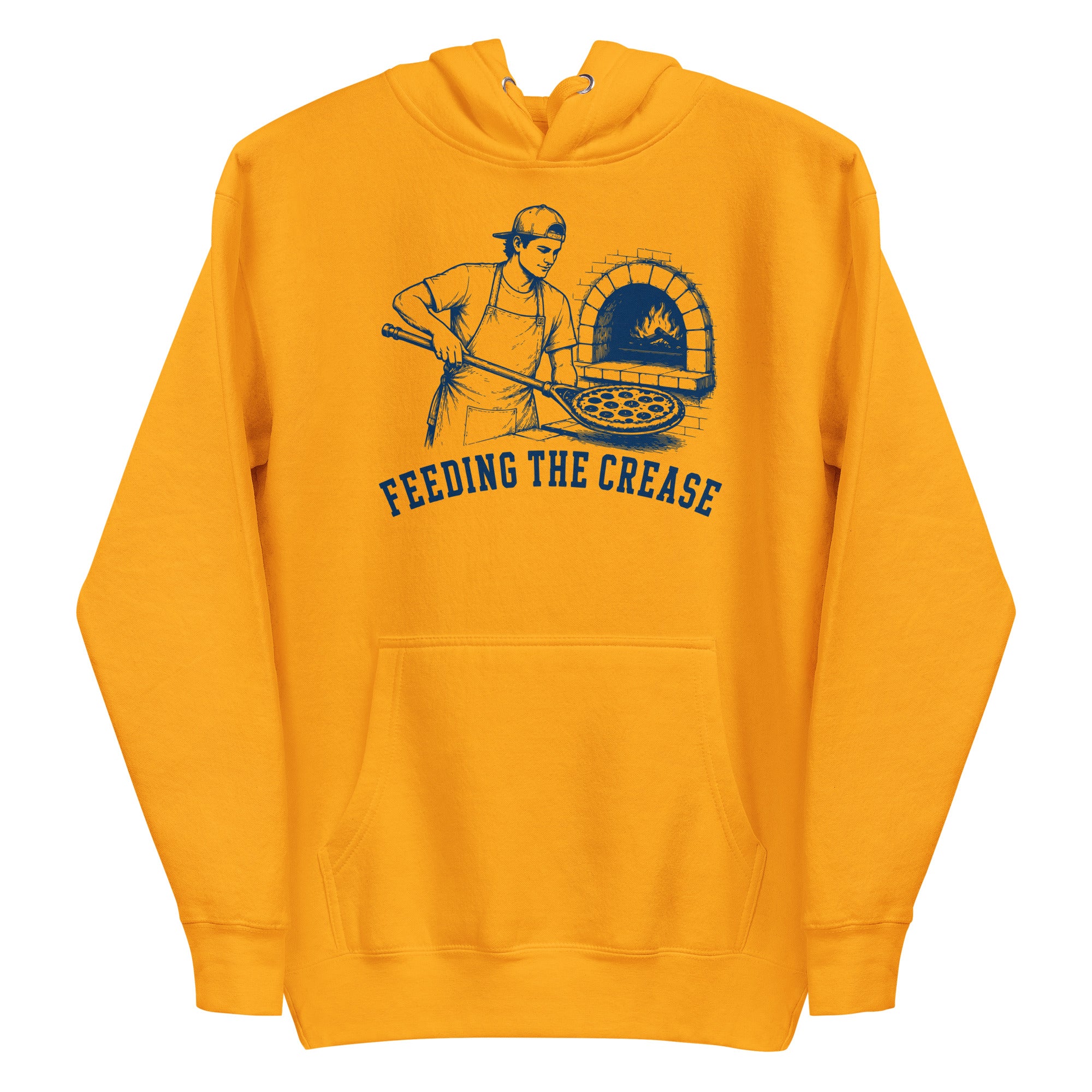 Lacrosse hoodie with the GO2X Feeding the Crease design, a man sliding a pizza into a wood-fired oven with a lacrosse stick