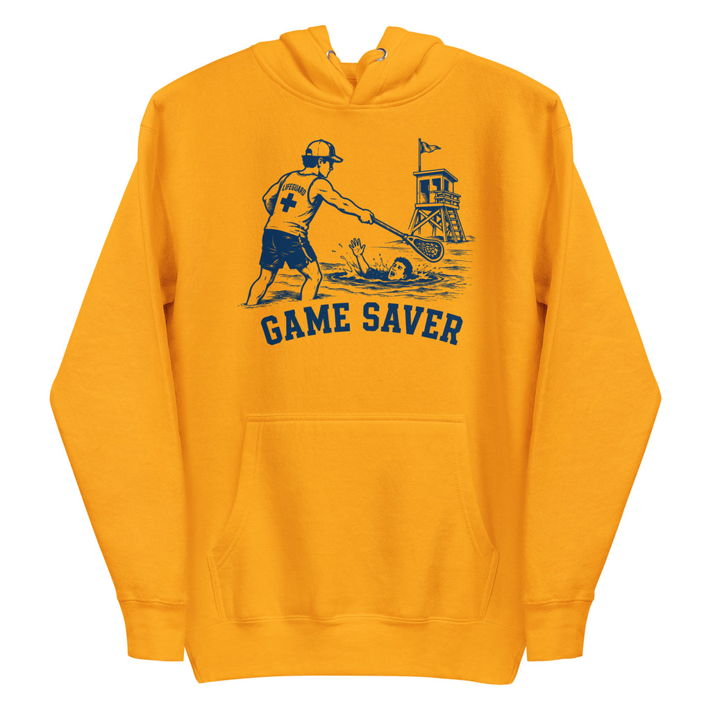 Lacrosse hoodie with the GO2X Game Saver design, a male lifeguard reaching a lacrosse stick out to a swimmer