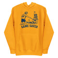 Lacrosse hoodie with the GO2X Game Saver design, a male lifeguard reaching a lacrosse stick out to a swimmer