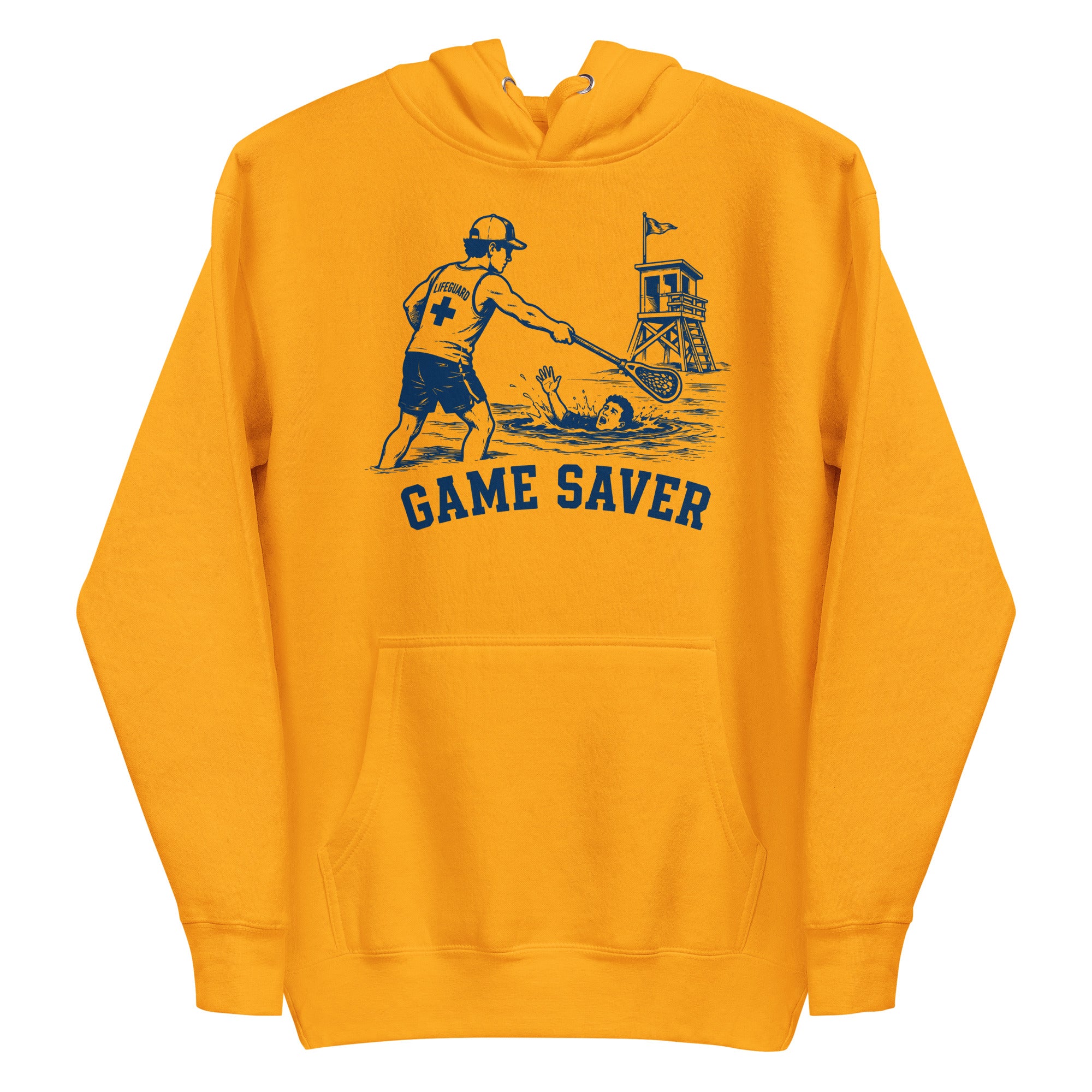 Lacrosse hoodie with the GO2X Game Saver design, a male lifeguard reaching a lacrosse stick out to a swimmer