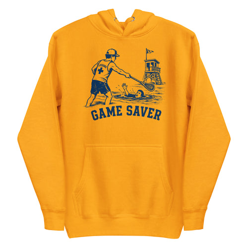 Lacrosse hoodie with the GO2X Game Saver design, a male lifeguard reaching a lacrosse stick out to a swimmer