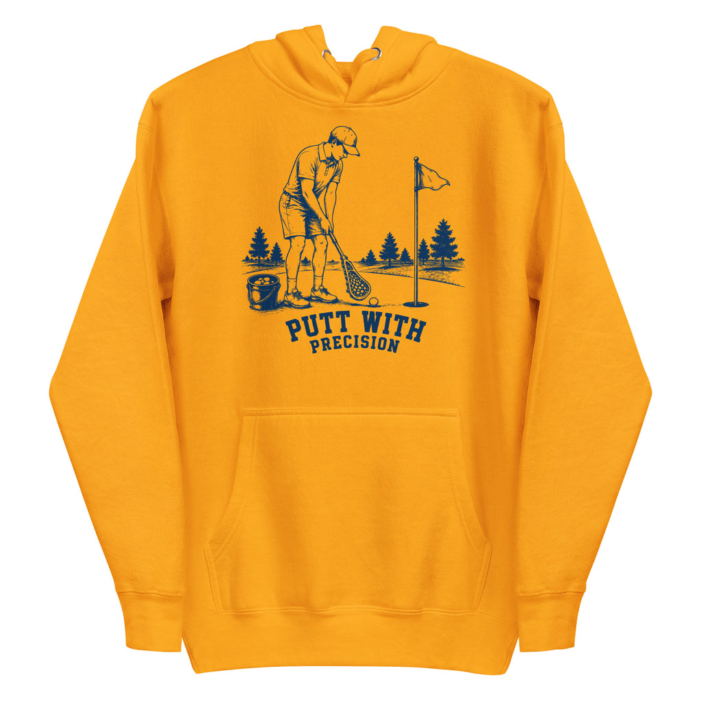 Lacrosse hoodie with the GO2X Putt with Precision design, a man putting a golf ball with a lacrosse stick